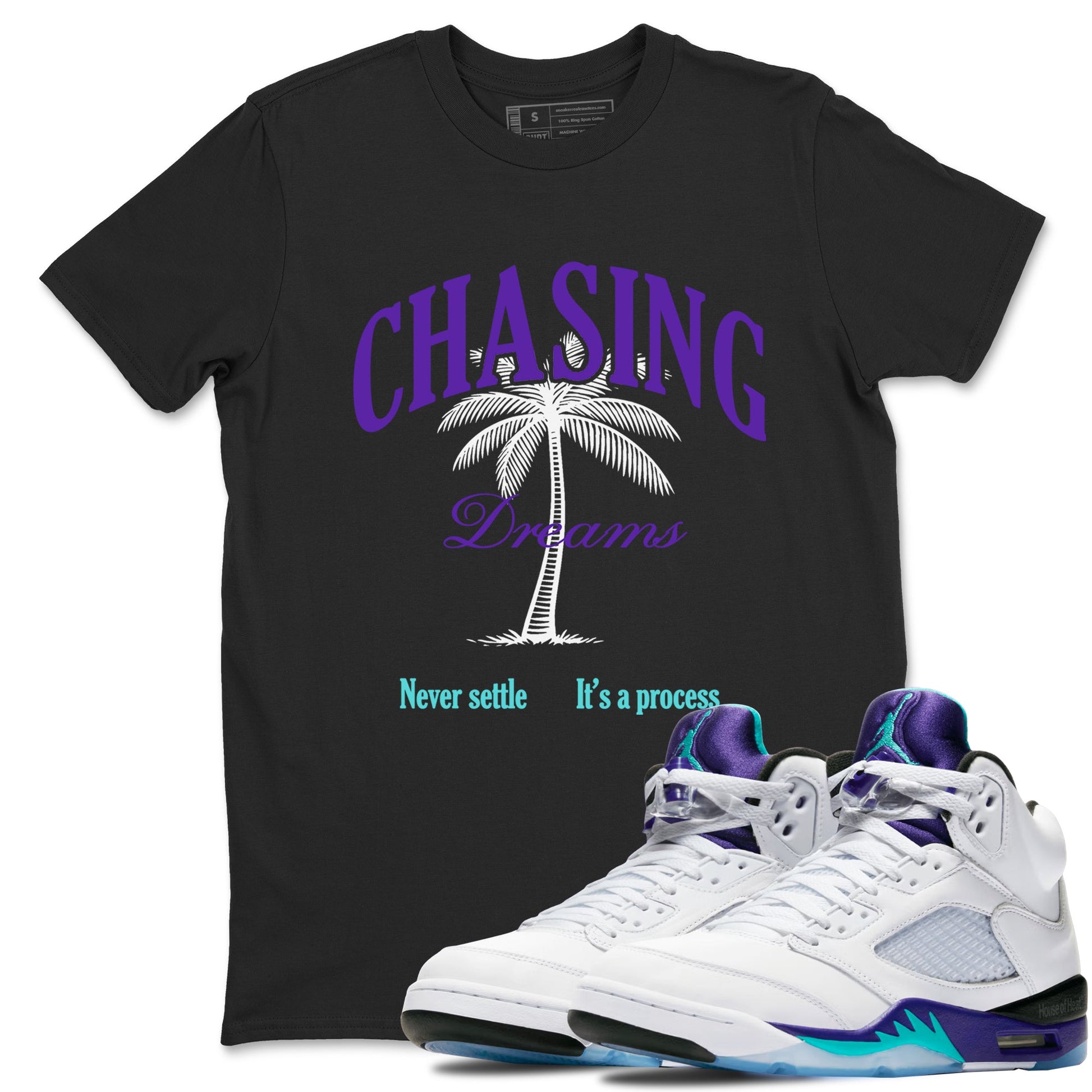 Chasing Dreams sneaker match t-shirt styled to complete your fit with the Air Jordan 5 Grape sneakers, shown in Black 1.
