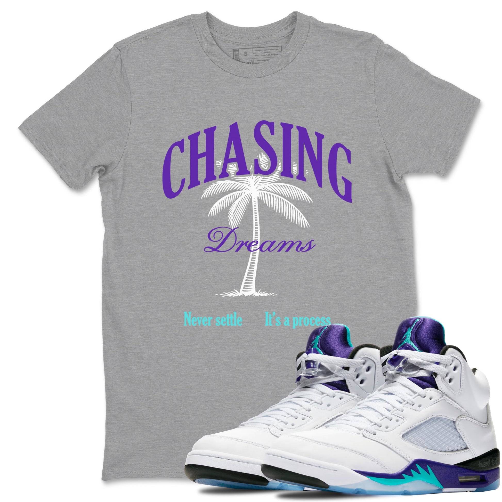 Chasing Dreams sneaker match t-shirt styled to complete your fit with the Air Jordan 5 Grape sneakers, shown in Heather Grey 1.