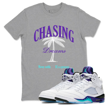 Chasing Dreams sneaker match t-shirt styled to complete your fit with the Air Jordan 5 Grape sneakers, shown in Heather Grey 1.