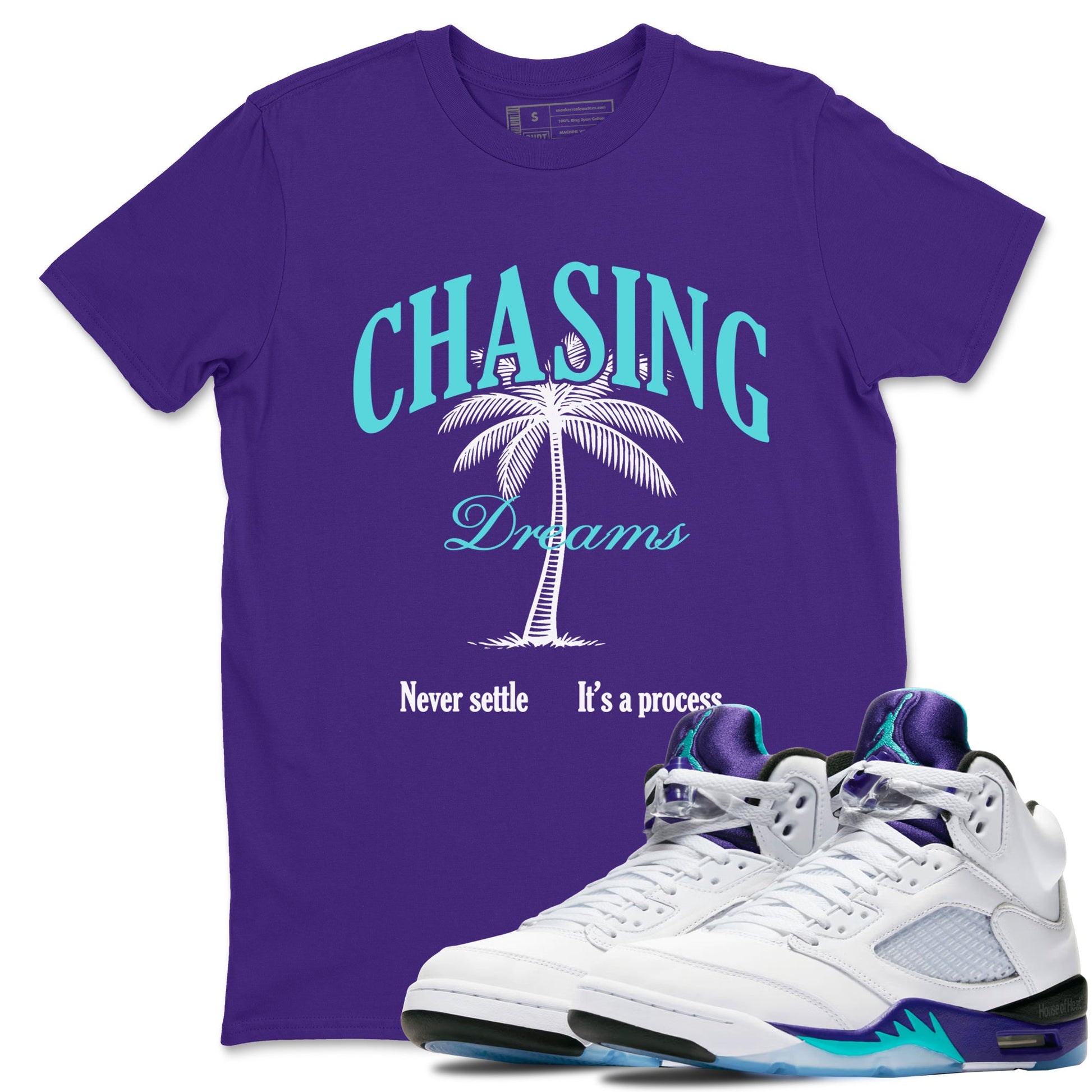 Chasing Dreams sneaker match t-shirt styled to complete your fit with the Air Jordan 5 Grape sneakers, shown in Purple 1.