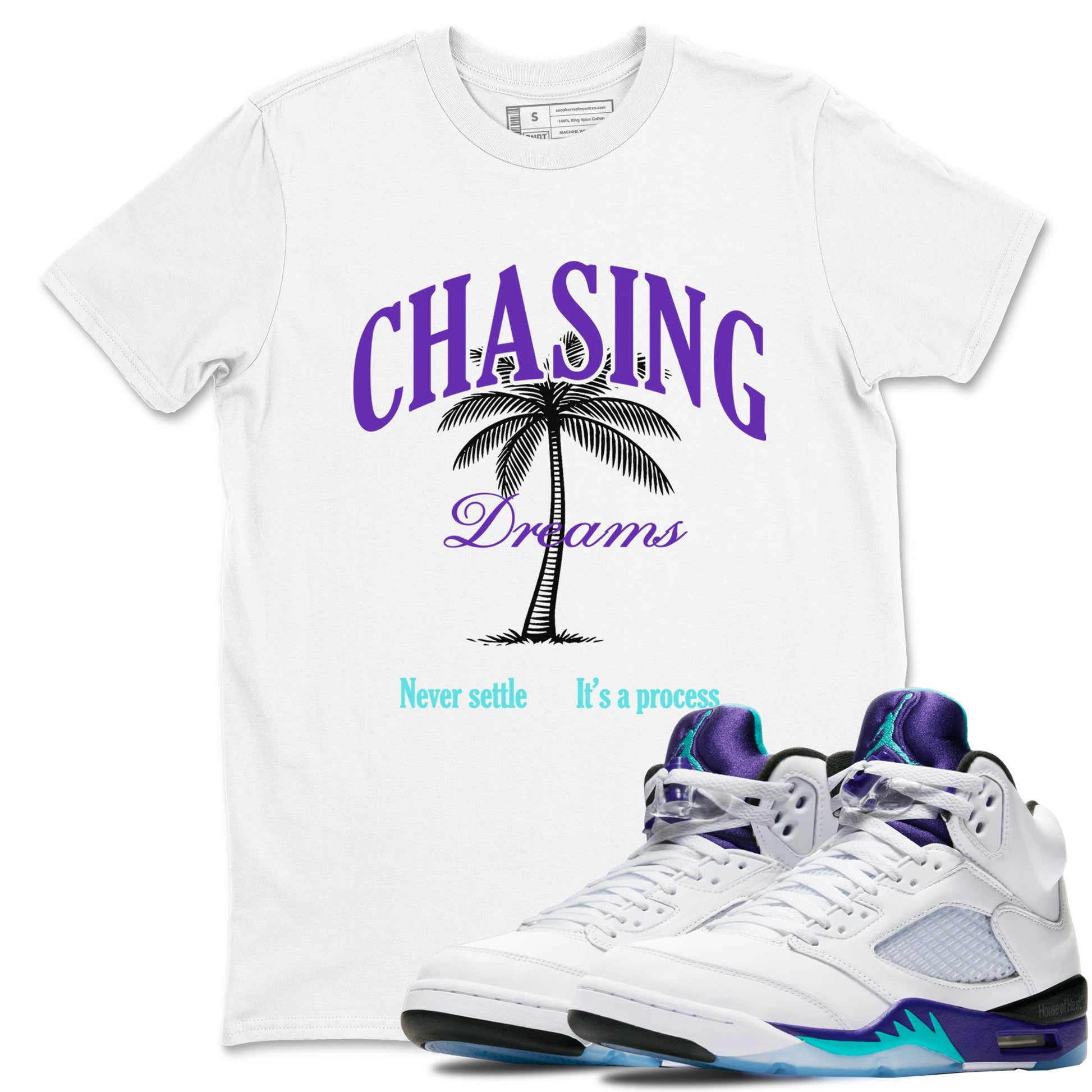 Chasing Dreams sneaker match t-shirt styled to complete your fit with the Air Jordan 5 Grape sneakers, shown in White 1.