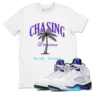 Chasing Dreams sneaker match t-shirt styled to complete your fit with the Air Jordan 5 Grape sneakers, shown in White 1.