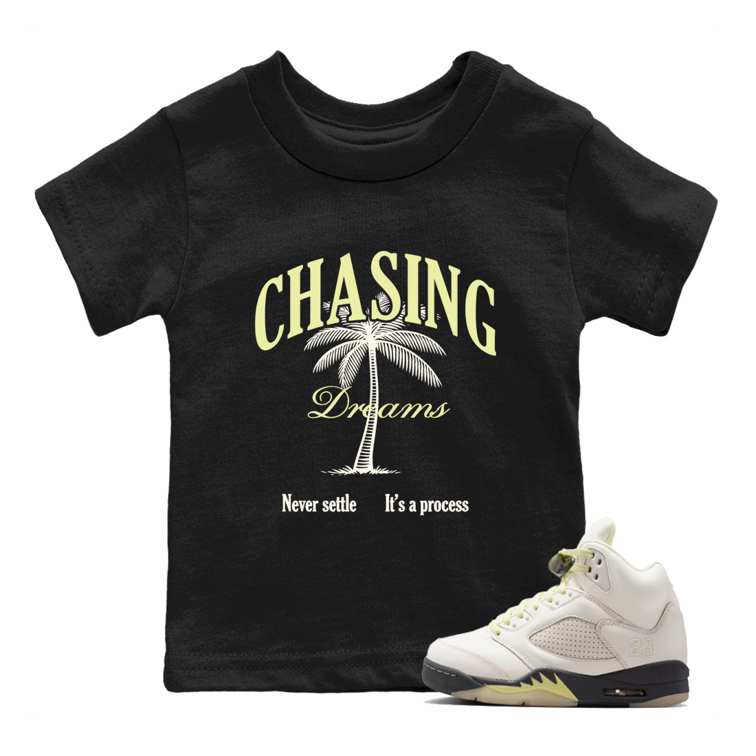 Sneaker match tees – Sneaker Tees To Match Air Jordan 5 Luminous Green Shoes – Chasing Dreams Kids T-Shirt Black 1