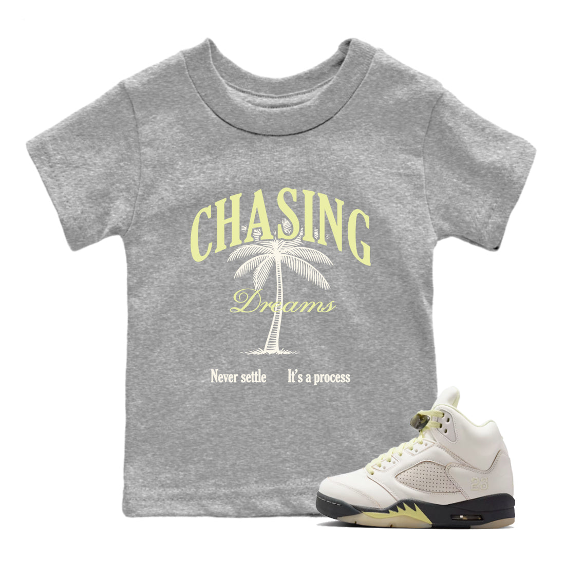 Sneaker match tees – Sneaker Tees To Match Air Jordan 5 Luminous Green Shoes – Chasing Dreams Kids T-Shirt Heather Grey 1
