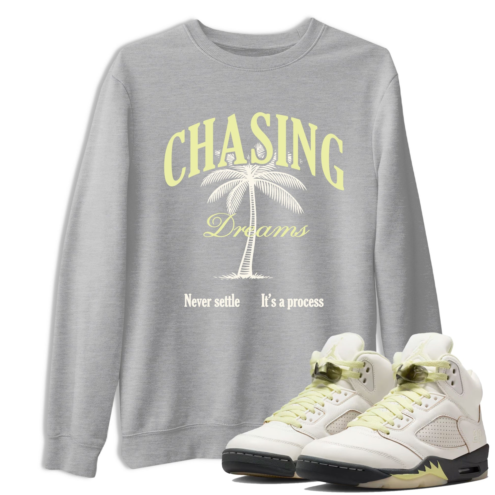 Sneaker match tees – Sneaker Tees To Match Air Jordan 5 Luminous Green Shoes – Chasing Dreams Tee Heather Grey 1