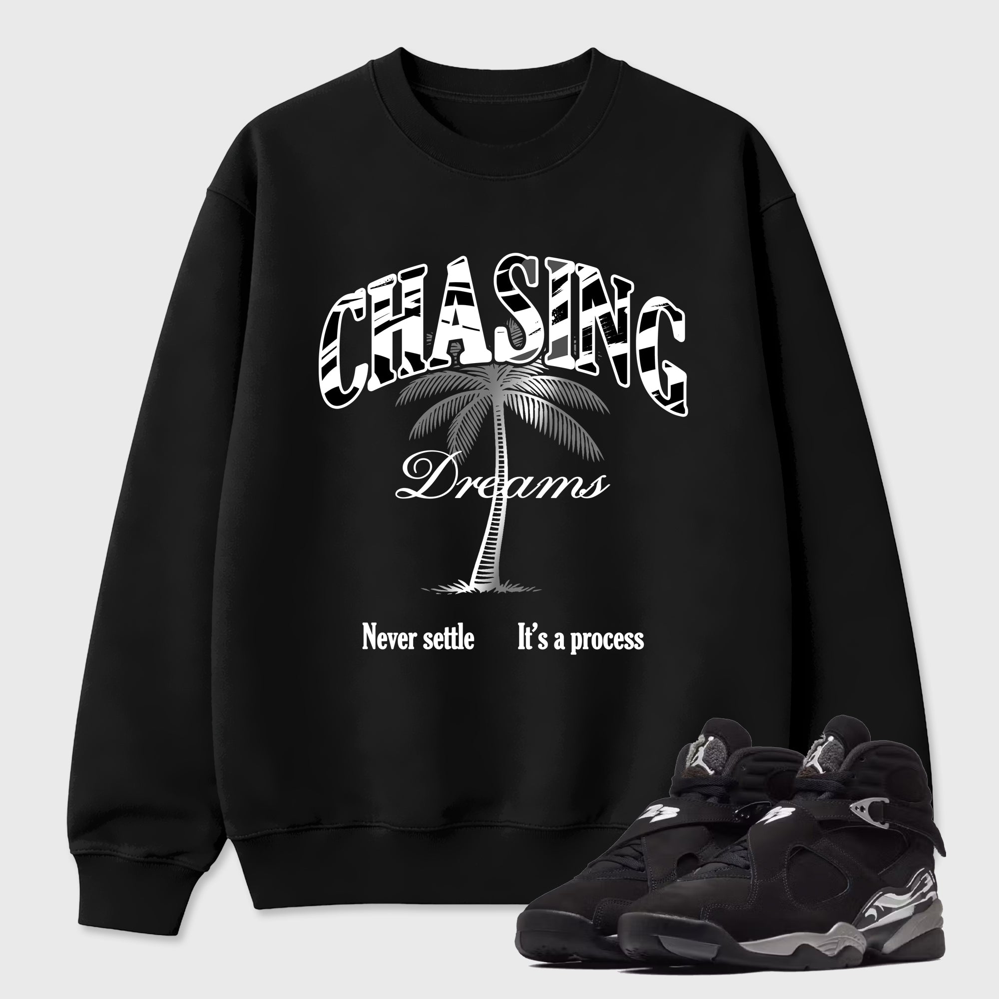 Chasing Dreams Graphic T-Shirt featuring original streetwear artwork designed to match the Air Jordan 8 Chrome. Black 1 Graphic Tee.