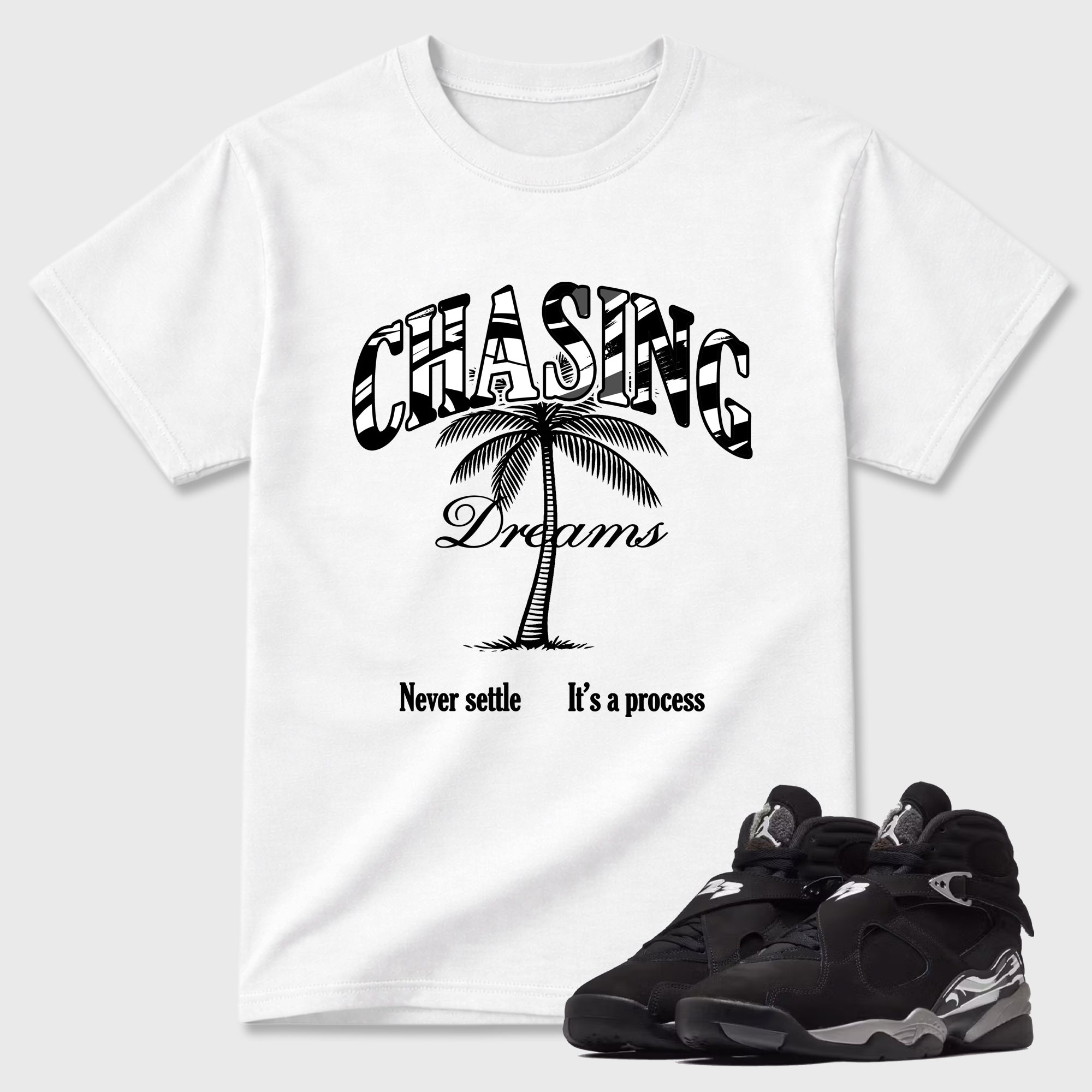 Chasing Dreams Graphic T-Shirt featuring original streetwear artwork designed to match the Air Jordan 8 Chrome. White 1 Graphic T-Shirt.