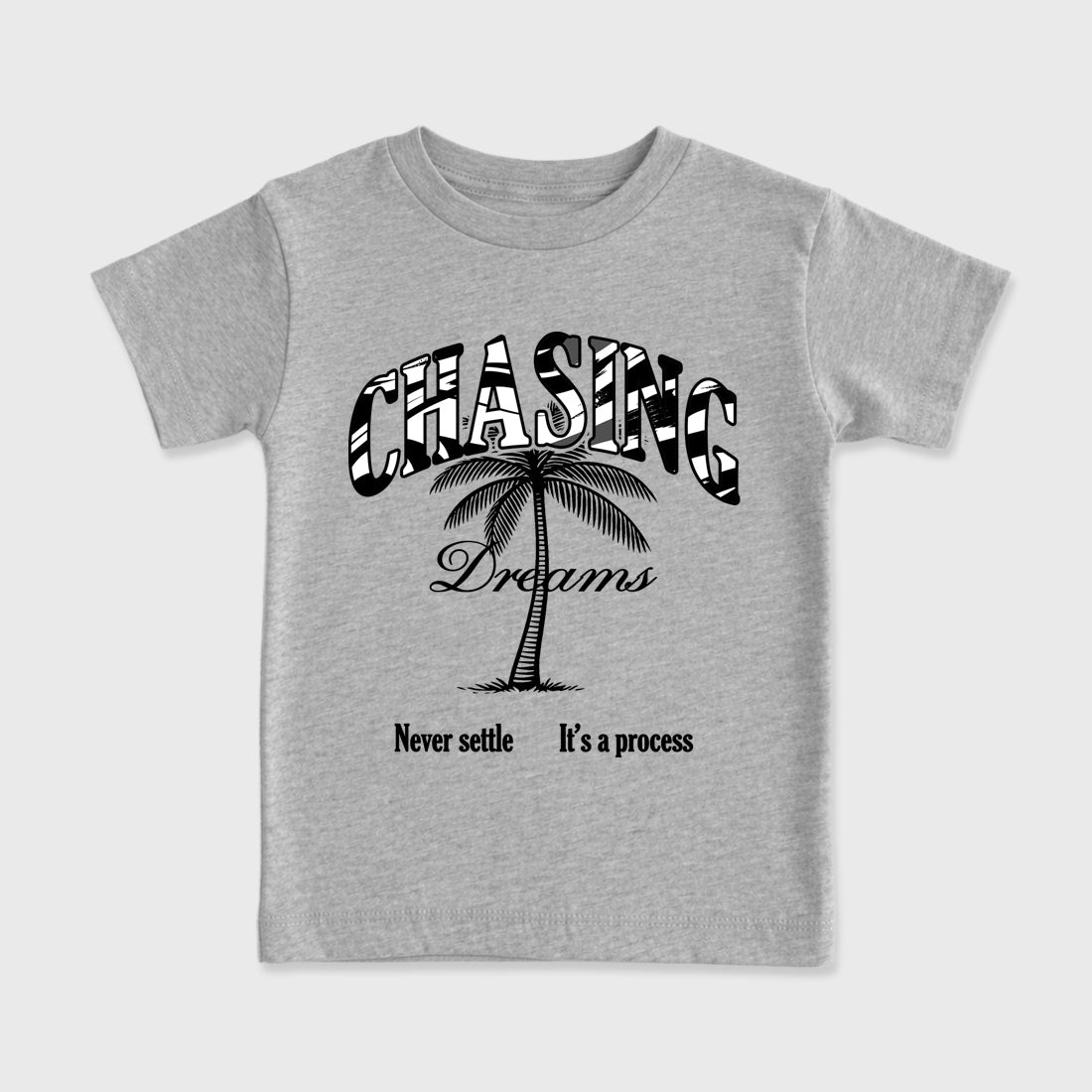 Chasing Dreams Baby & Kids Graphic T-Shirt featuring original artwork designed to match the Air Jordan 8 Chrome. Heather Grey 2 Kids Graphic Tee.