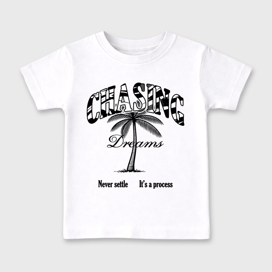 Chasing Dreams Baby & Kids Graphic T-Shirt featuring original artwork designed to match the Air Jordan 8 Chrome. White 2 Kids Graphic Tee.