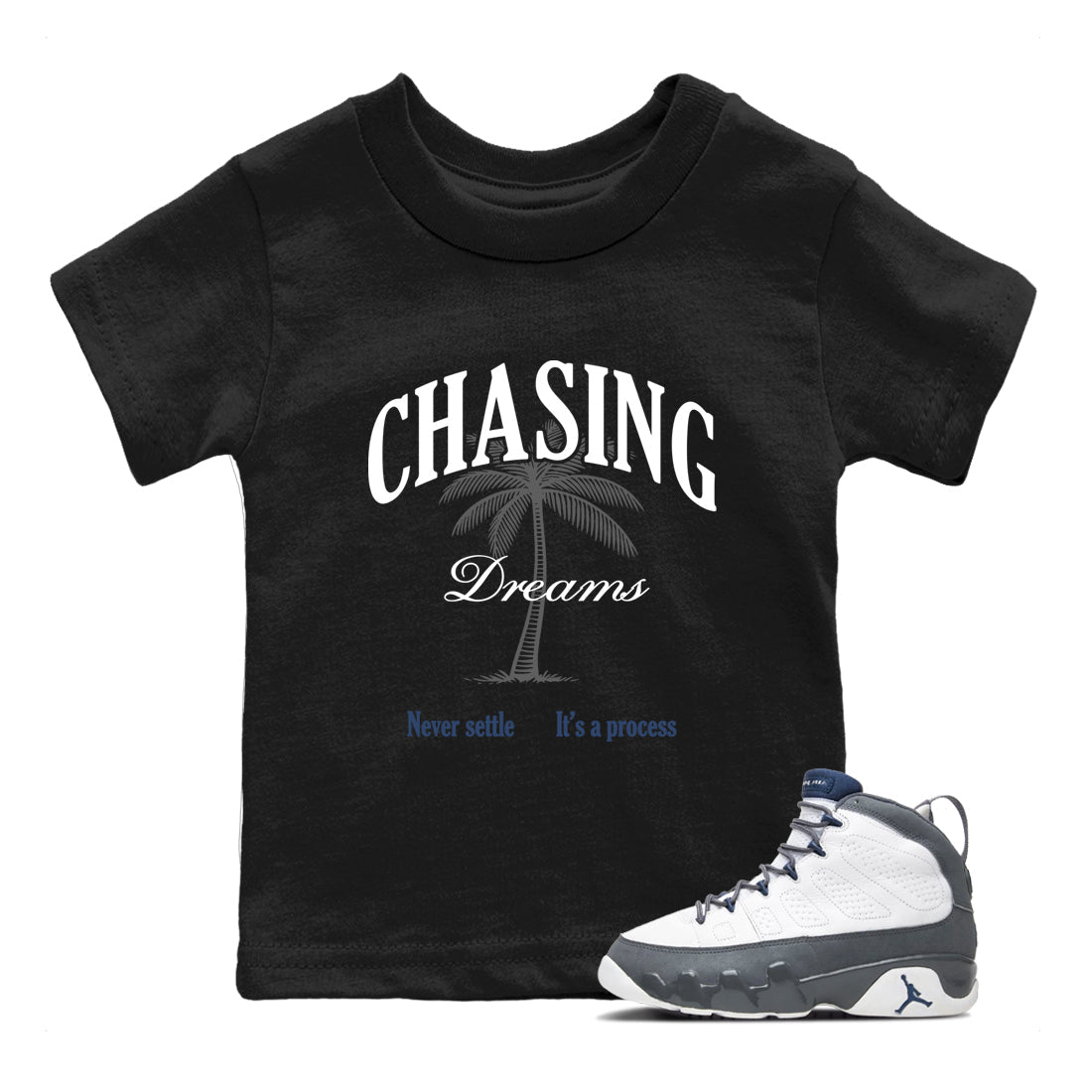 Perfect Valentine's Day Gifts graphic tee  – Sneaker Tees To Match Air Jordan 9 Flint Grey – Chasing Dreams Kids Graphic T-Shirt Black 1