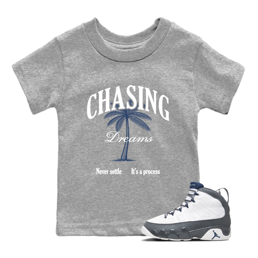Perfect Valentine's Day Gifts graphic tee  – Sneaker Tees To Match Air Jordan 9 Flint Grey – Chasing Dreams Kids Graphic T-Shirt Heather Grey 1