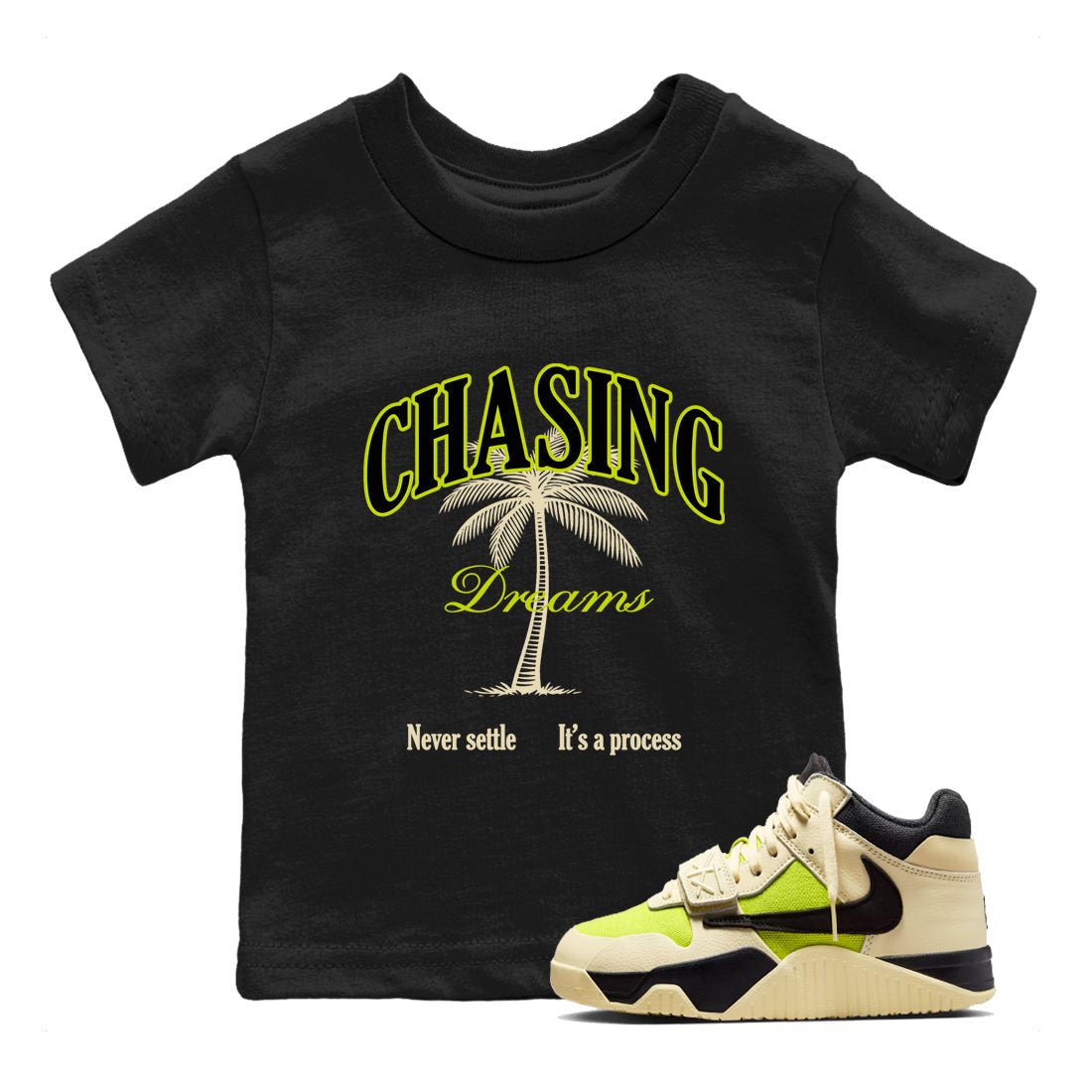 Chasing Dreams baby and kids t-shirt crafted for little sneakerheads to shine with the Jordan Jumpman Jack Travis Scott Bright Cactus sneakers, displayed in Black 1.