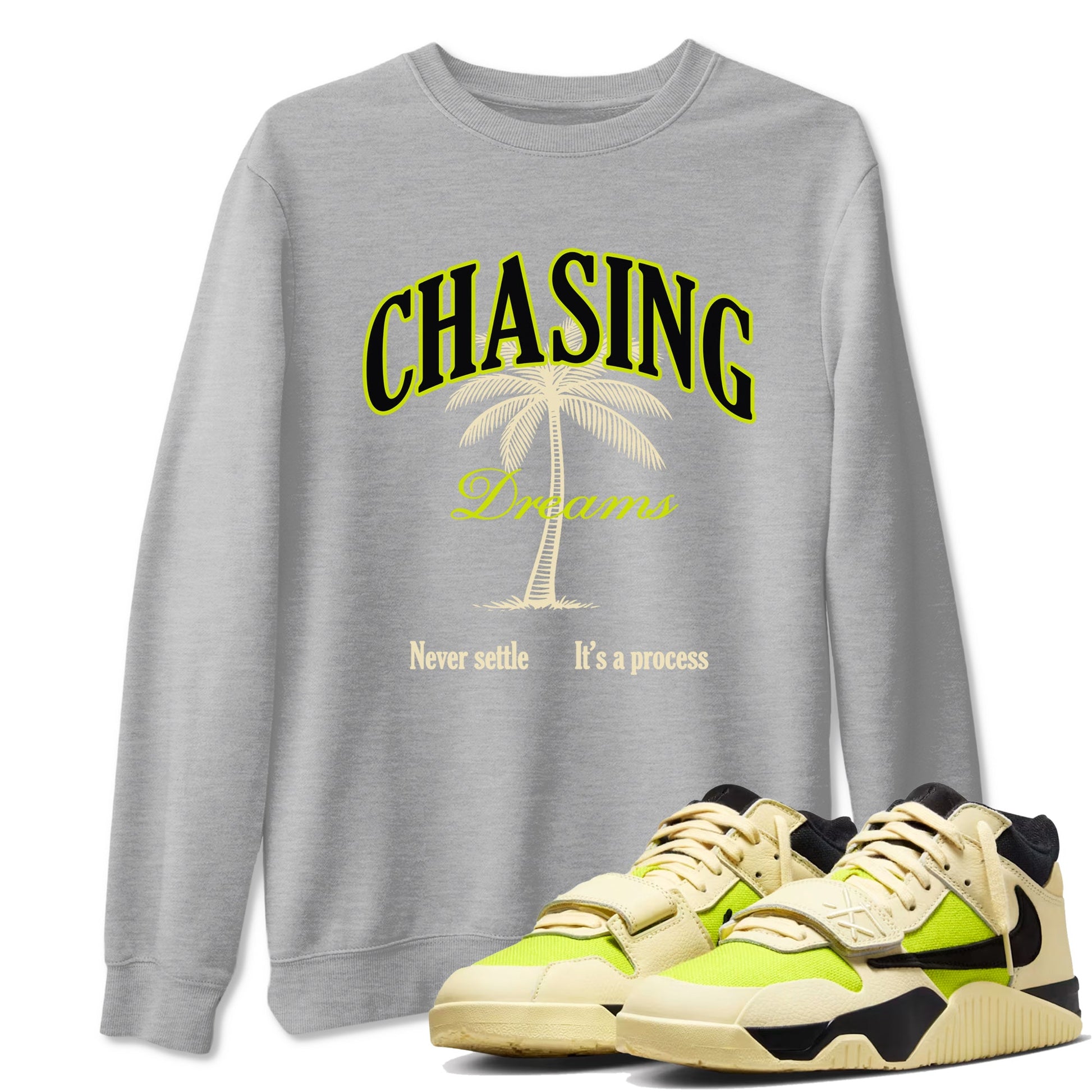 Chasing Dreams sneaker match t-shirt styled to complete your fit with the Jordan Jumpman Jack Travis Scott Bright Cactus sneakers, shown in Heather Grey 1.