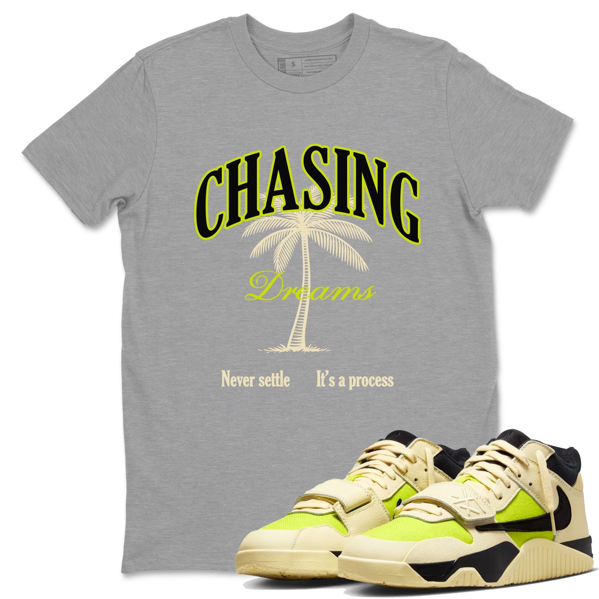 Chasing Dreams sneaker match t-shirt styled to complete your fit with the Jordan Jumpman Jack Travis Scott Bright Cactus sneakers, shown in Heather Grey 1.