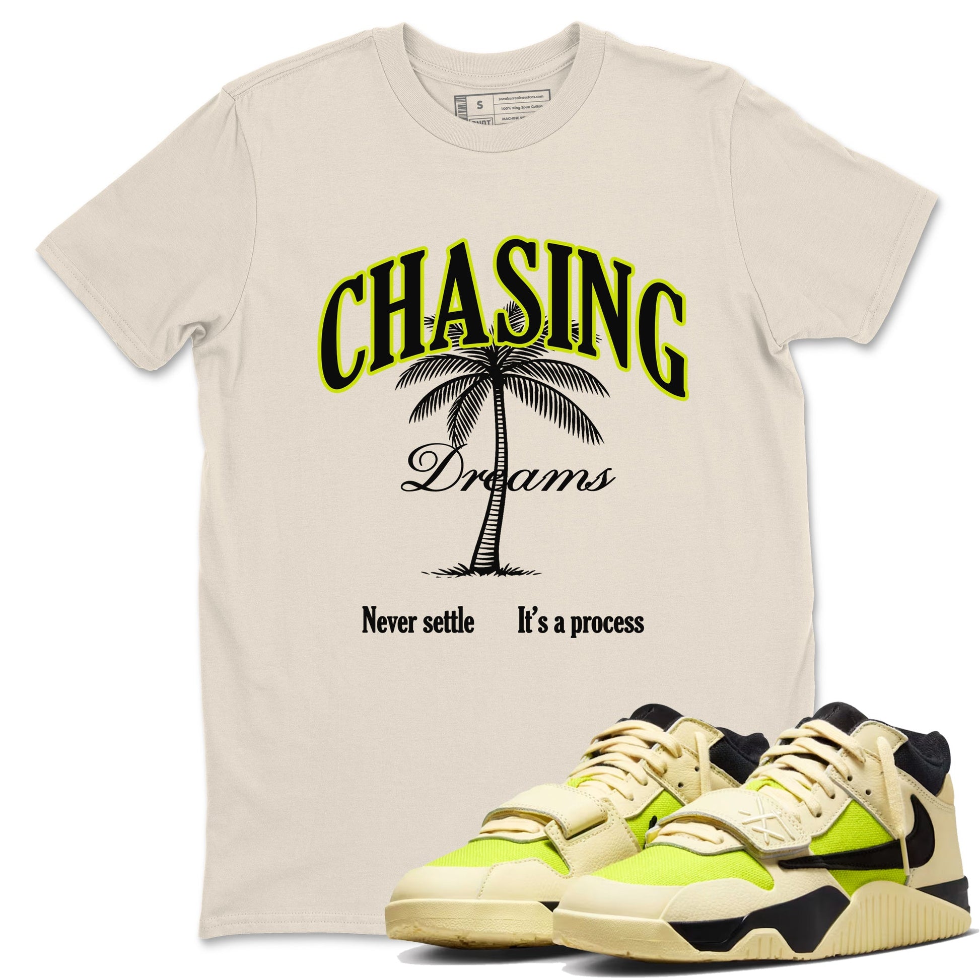 Chasing Dreams sneaker match t-shirt styled to complete your fit with the Jordan Jumpman Jack Travis Scott Bright Cactus sneakers, shown in Natural 1.