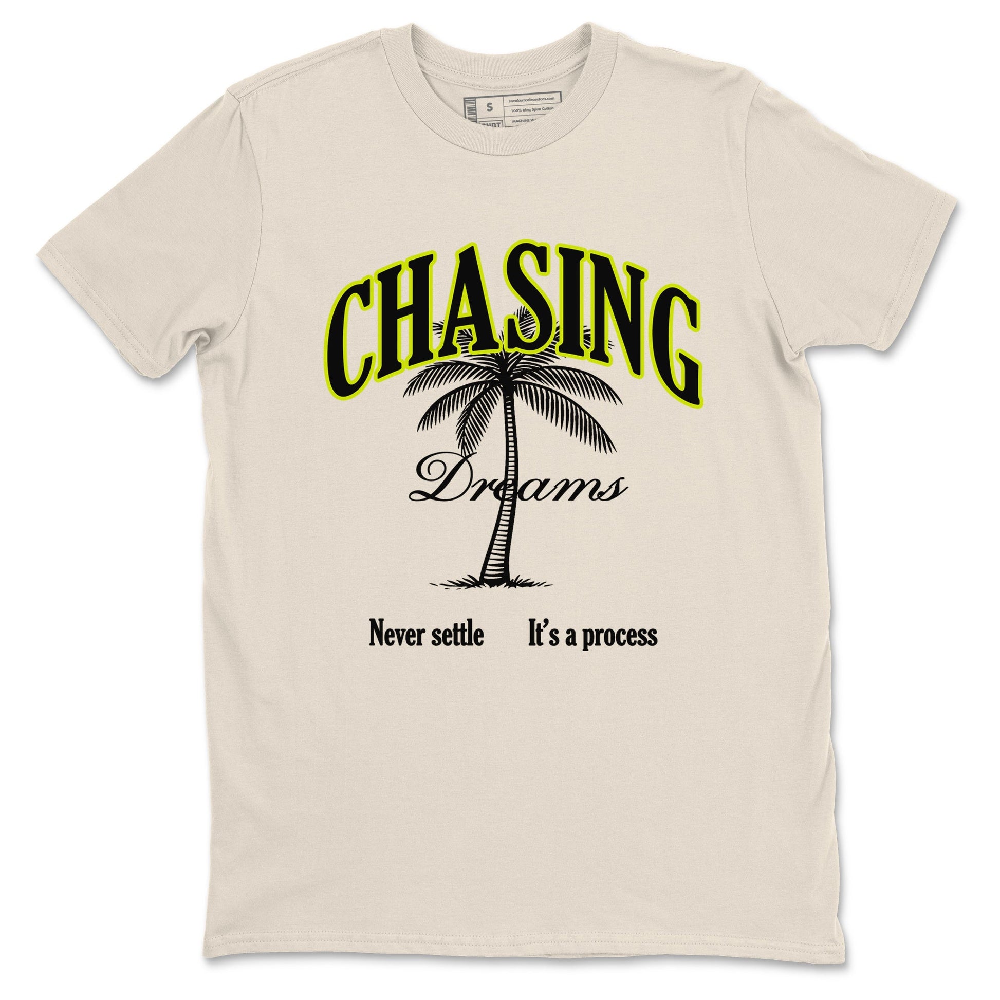 Chasing Dreams sneaker match t-shirt styled to complete your fit with the Jordan Jumpman Jack Travis Scott Bright Cactus sneakers, shown in Natural 2.