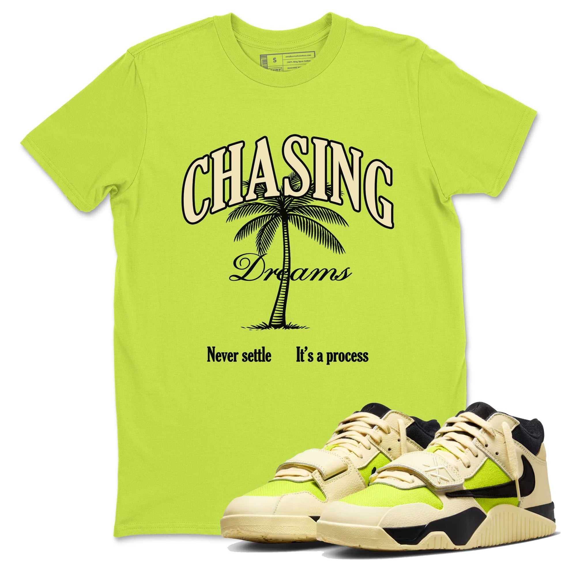 Chasing Dreams sneaker match t-shirt styled to complete your fit with the Jordan Jumpman Jack Travis Scott Bright Cactus sneakers, shown in Safety Green 1.