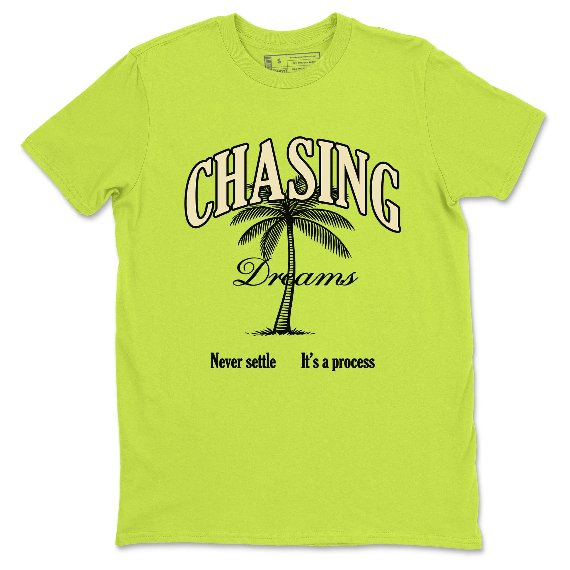 Chasing Dreams sneaker match t-shirt styled to complete your fit with the Jordan Jumpman Jack Travis Scott Bright Cactus sneakers, shown in Safety Green 2.