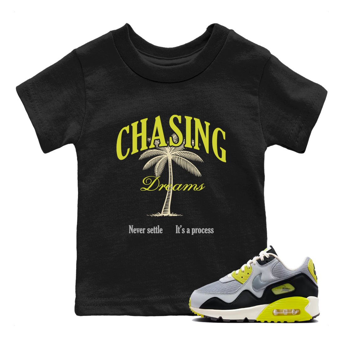 Chasing Dreams baby and kids t-shirt crafted for little sneakerheads to shine with the Air Max 90 Cyber sneakers, displayed in Black 1.