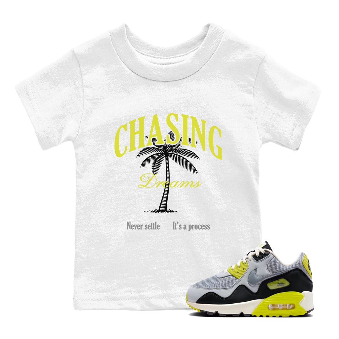 Chasing Dreams baby and kids t-shirt crafted for little sneakerheads to shine with the Air Max 90 Cyber sneakers, displayed in White 1.