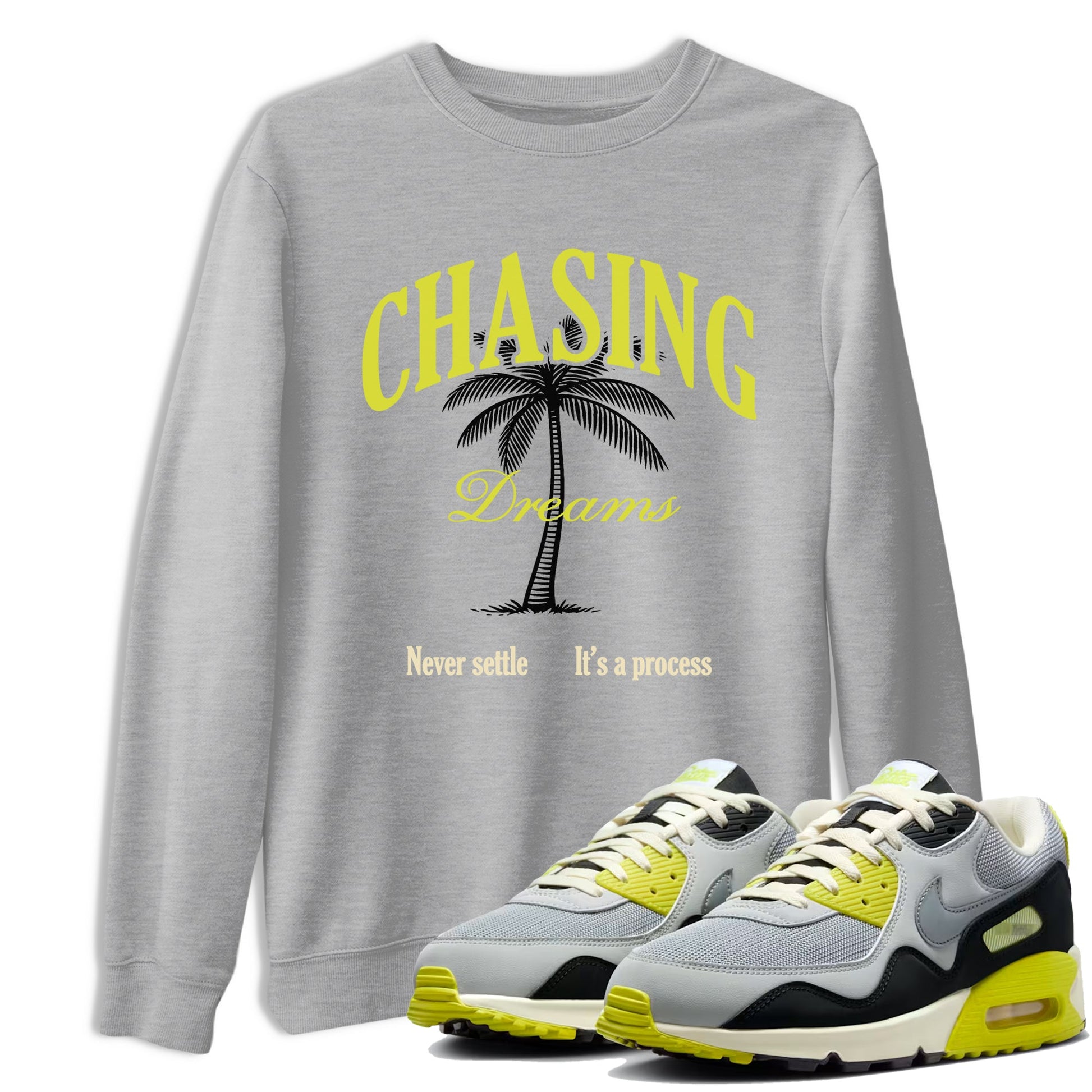 Chasing Dreams sneaker match t-shirt styled to complete your fit with the Air Max 90 Cyber sneakers, shown in Heather Grey 1.