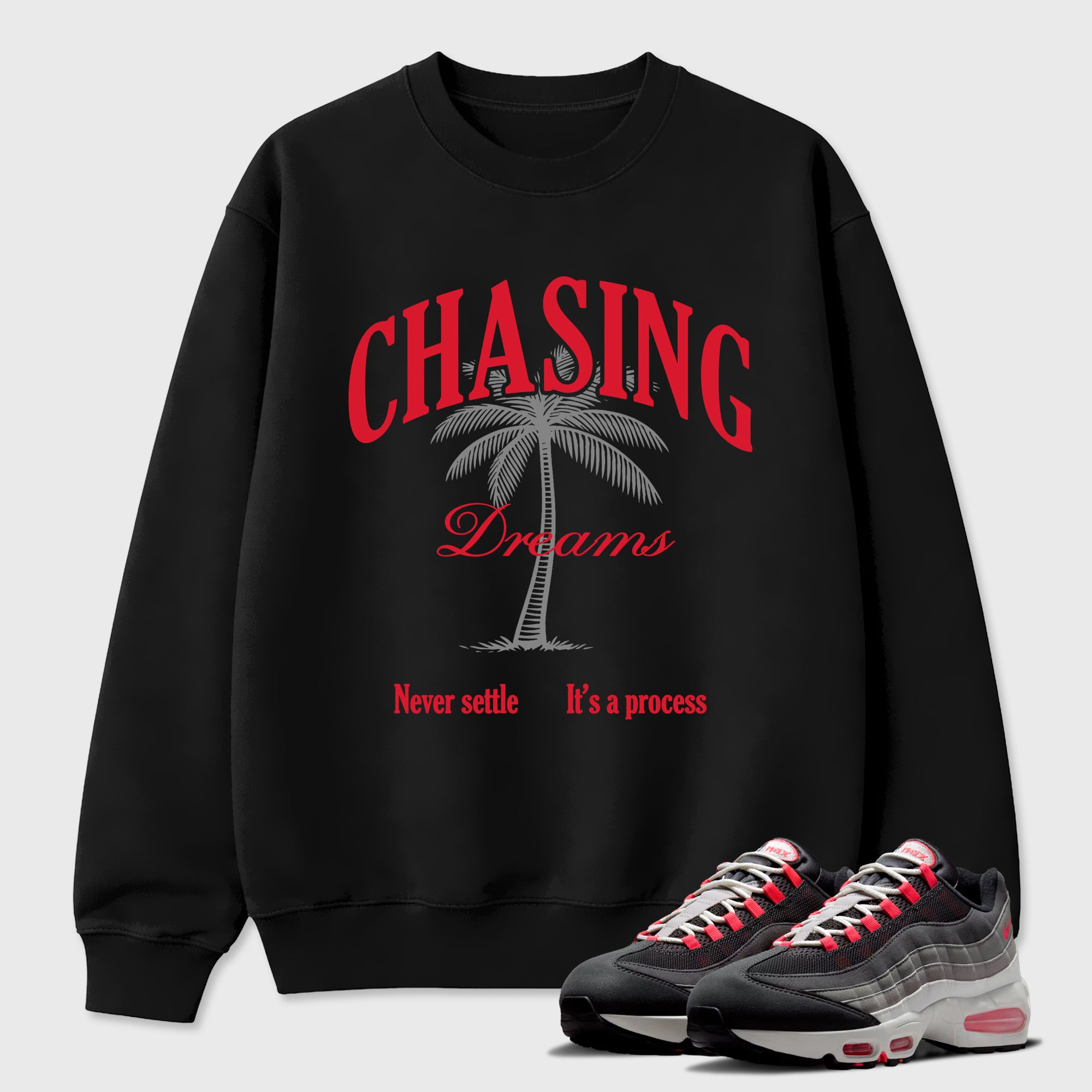 Chasing Dreams Graphic T-Shirt featuring original streetwear artwork designed to match the Air Max 95 Reverse Solar Red. Black 1 Graphic Tee.