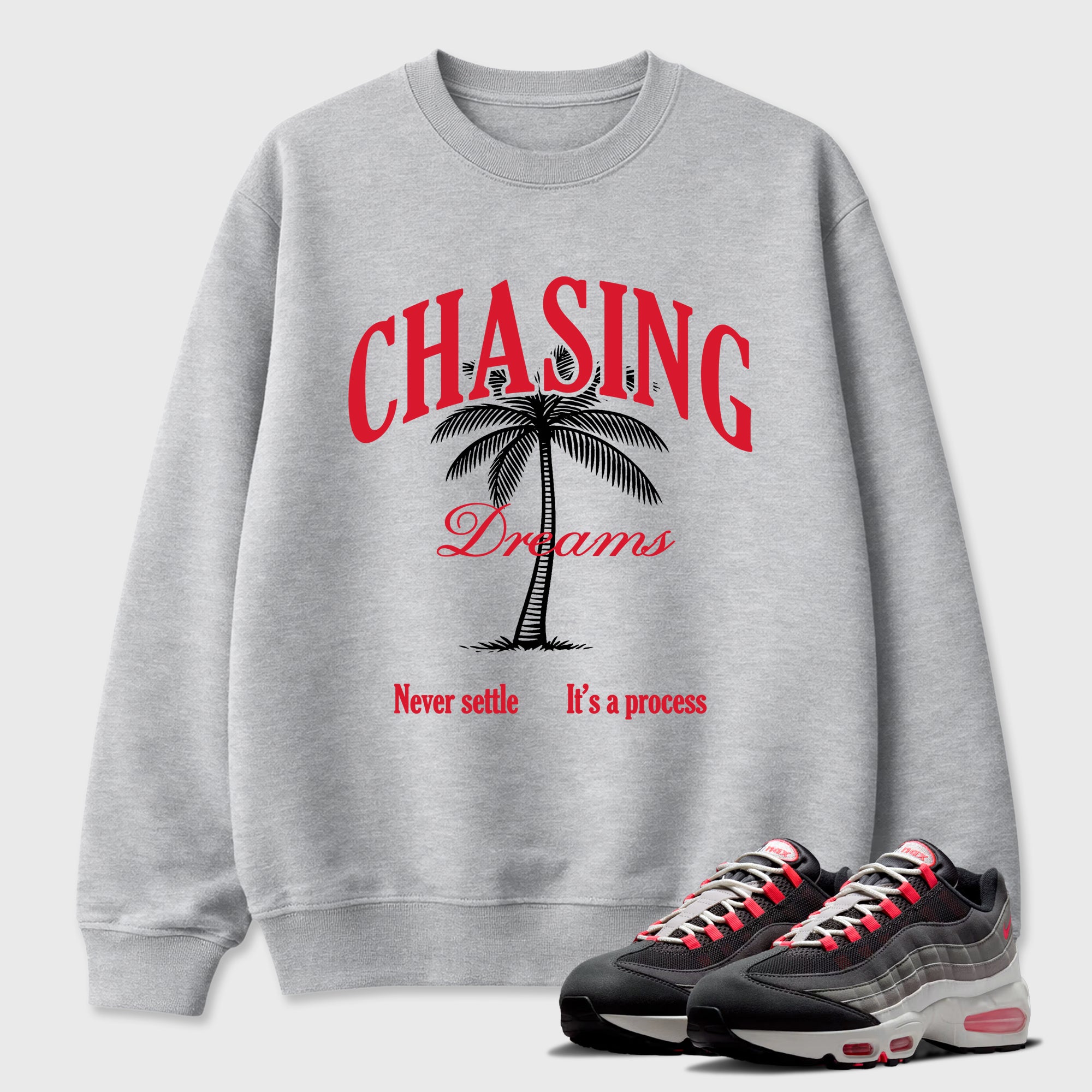 Chasing Dreams Graphic T-Shirt featuring original streetwear artwork designed to match the Air Max 95 Reverse Solar Red. Heather Grey 1 Graphic Tee.