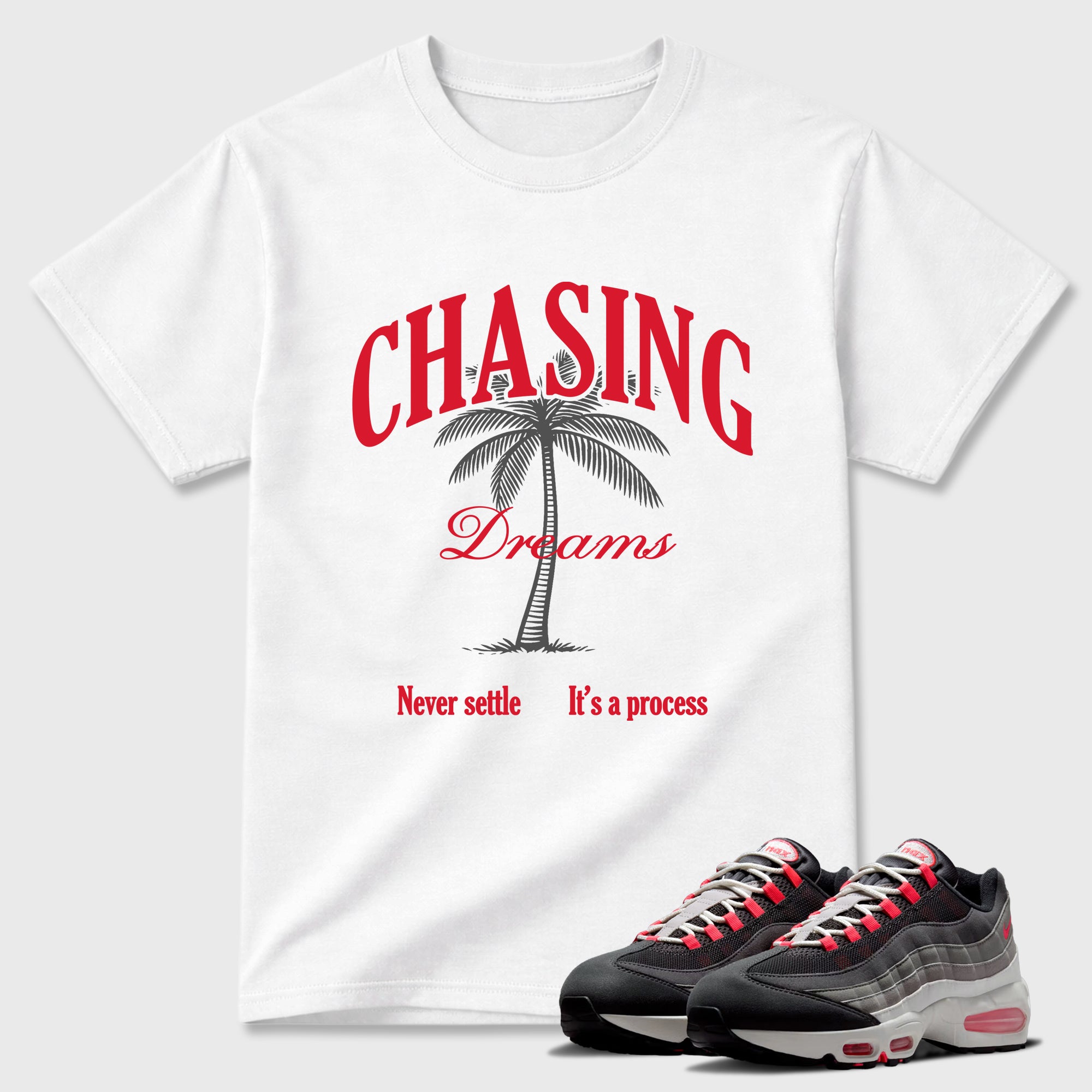 Chasing Dreams Graphic T-Shirt featuring original streetwear artwork designed to match the Air Max 95 Reverse Solar Red. White 1 Graphic T-Shirt.