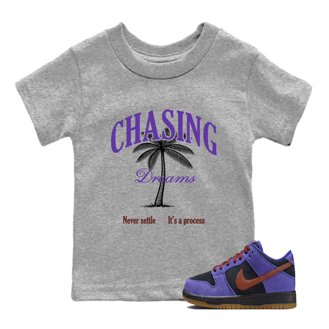 Sneaker match tees – Sneaker Threads To Match Dunk Low Persian Violet Shoes – Chasing Dreams Kids T-Shirt Heather Grey 1