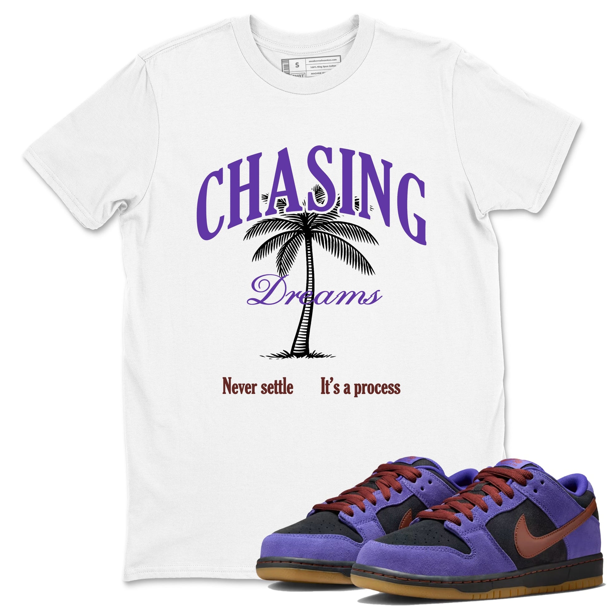 Sneaker match tees – Sneaker Threads To Match Dunk Low Persian Violet Shoes – Chasing Dreams Tee White 1
