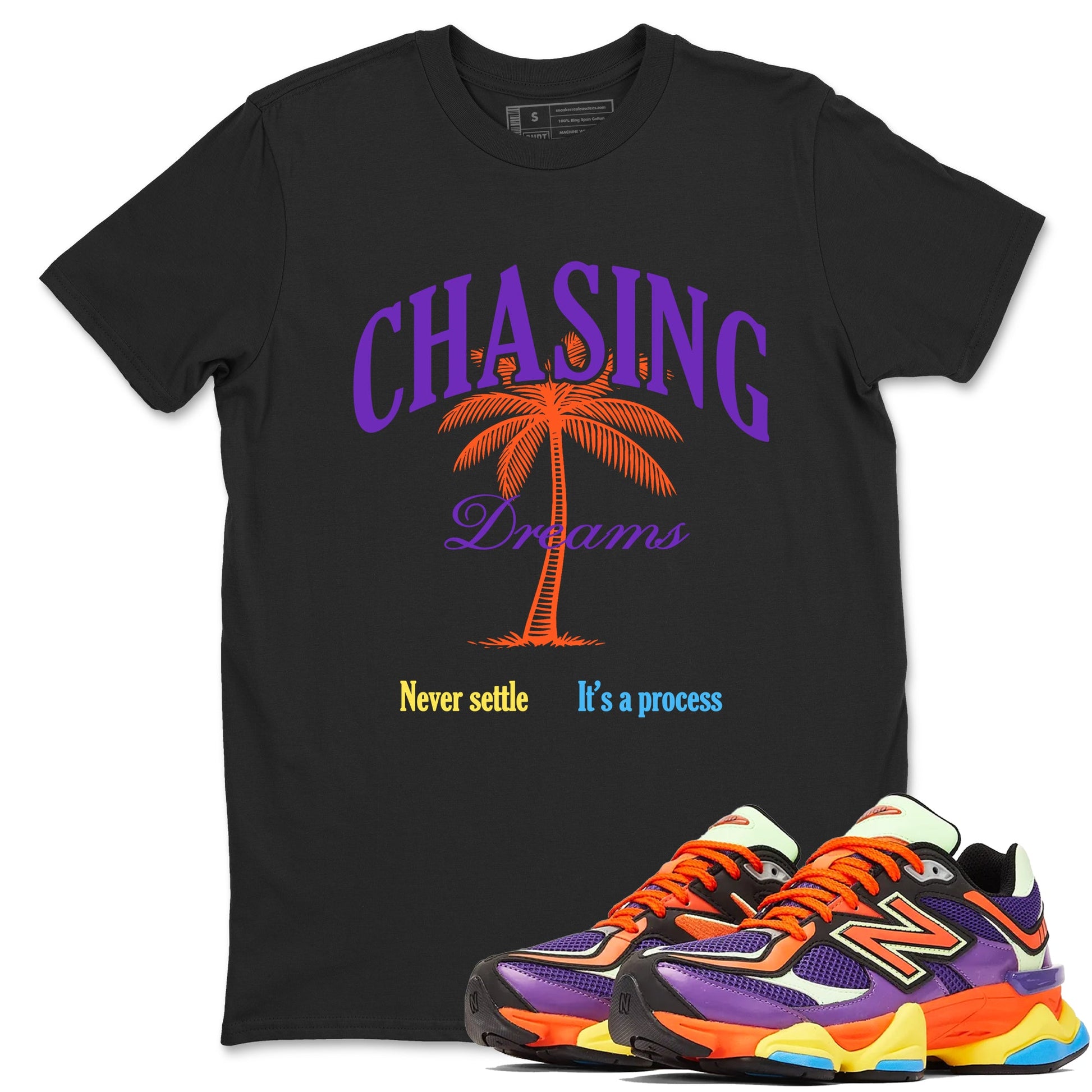 Sneaker Threads – Sneaker Tees To Match New Balance 9060 Prism Purple – Chasing Dreams Graphic Tee Black 1. Perfect for Jordan releases 2025 colorways.