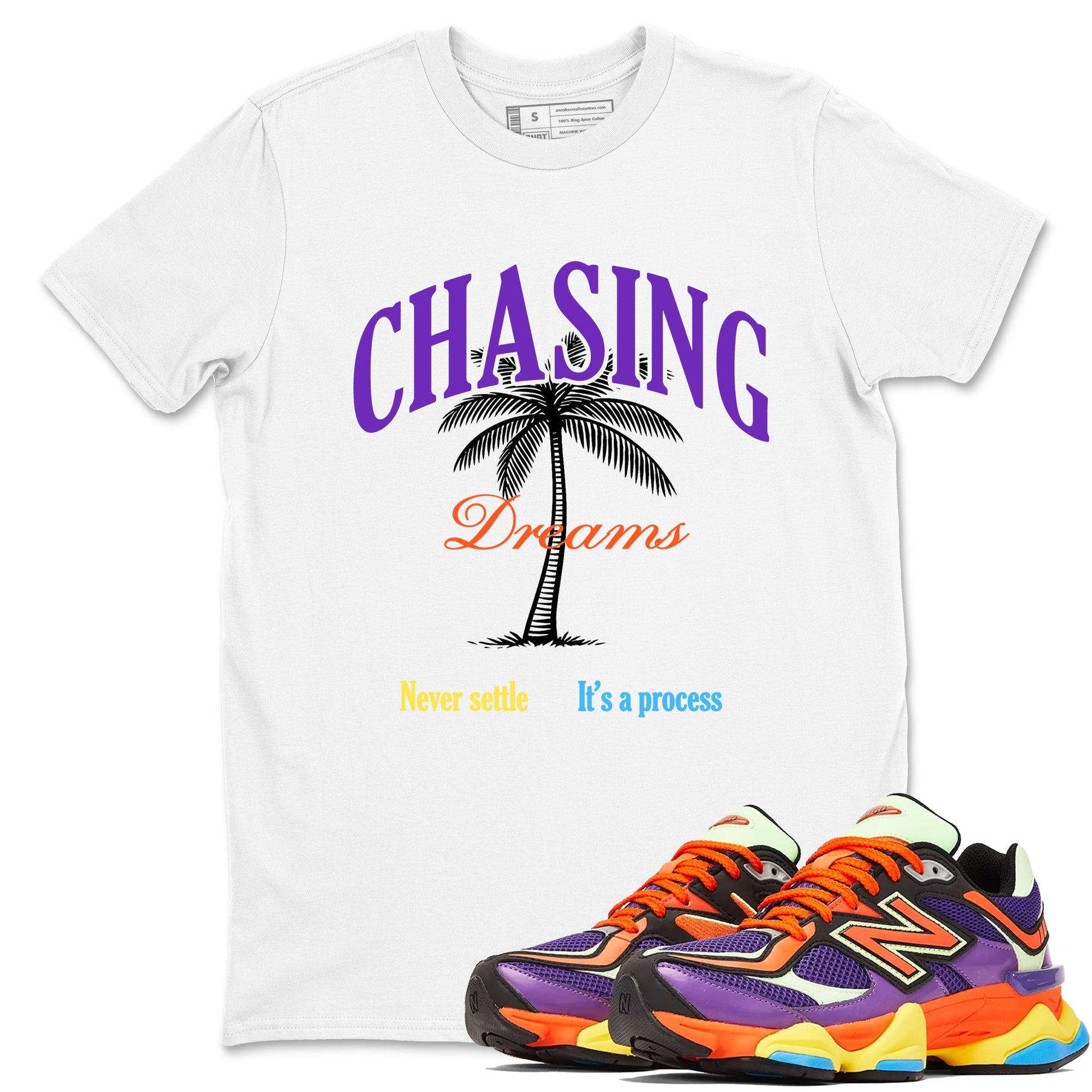 Sneaker Threads – Sneaker Tees To Match New Balance 9060 Prism Purple – Chasing Dreams Graphic Tee White 1. Perfect for Jordan releases 2025 colorways.