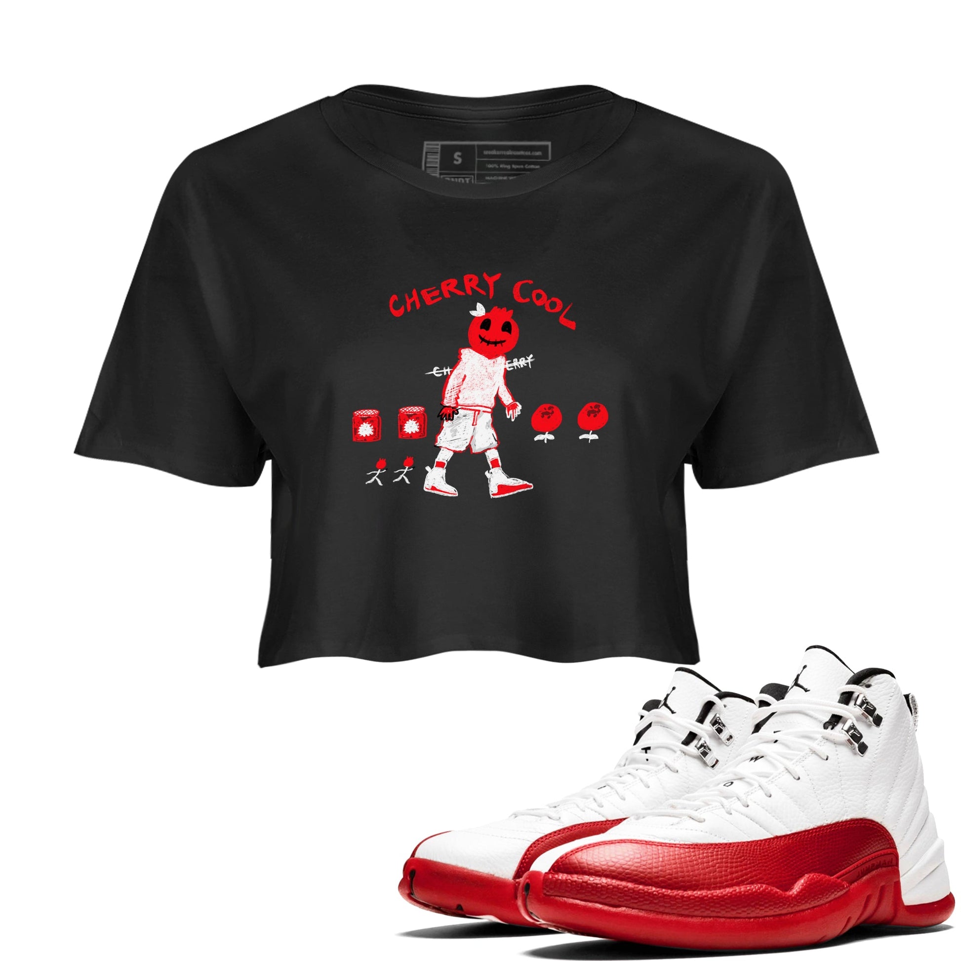 AJ12 Cherry shirts to match jordans Cherry Cool sneaker match tees Air Jordan 12 Cherry SNRT Sneaker Tees streetwear brand Black 1 crop tee