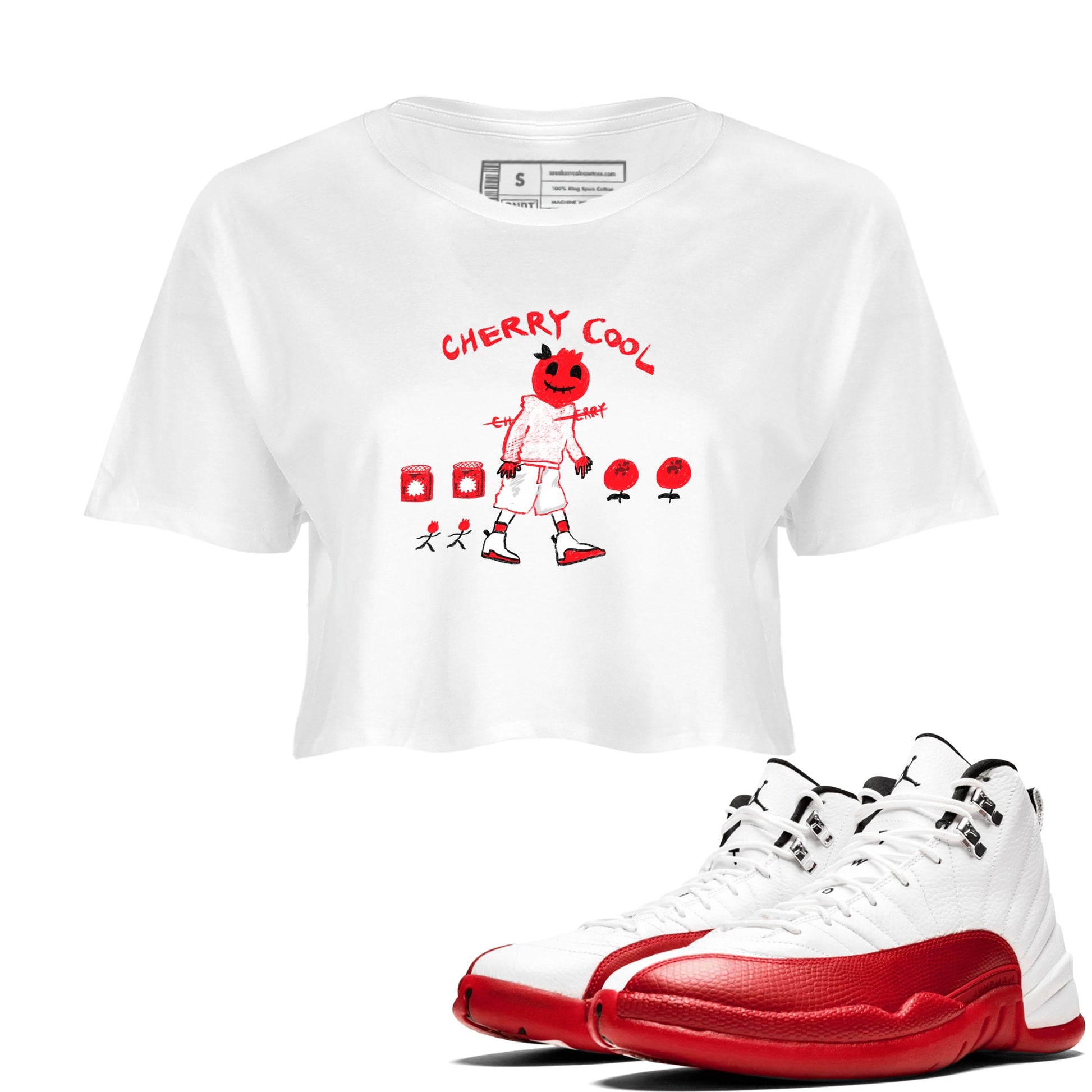 AJ12 Cherry shirts to match jordans Cherry Cool sneaker match tees Air Jordan 12 Cherry SNRT Sneaker Tees streetwear brand White 1 crop tee