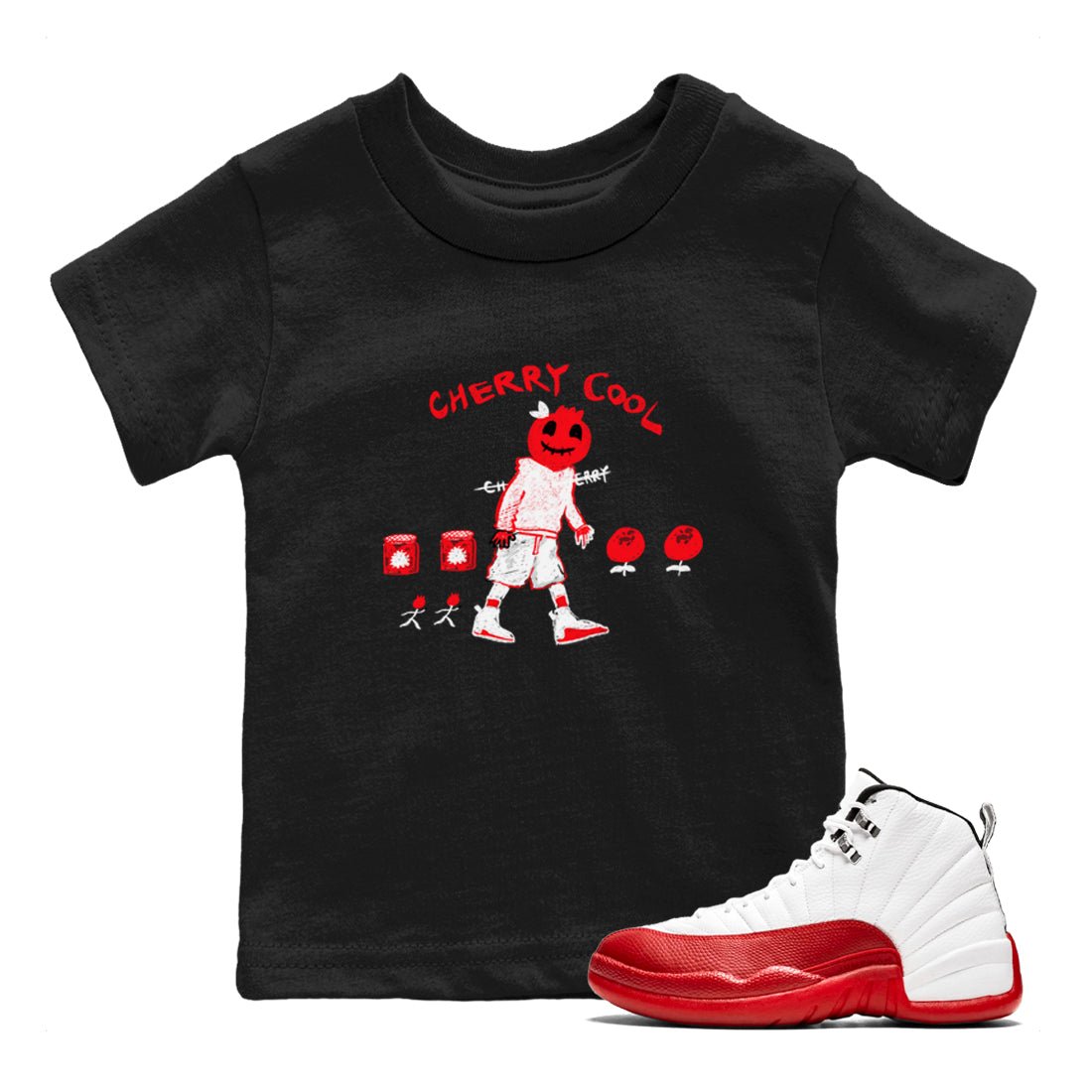 AJ12 Cherry shirts to match jordans Cherry Cool sneaker match tees Air Jordan 12 Cherry SNRT Sneaker Tees streetwear brand Baby and Youth Black 1 cotton tee
