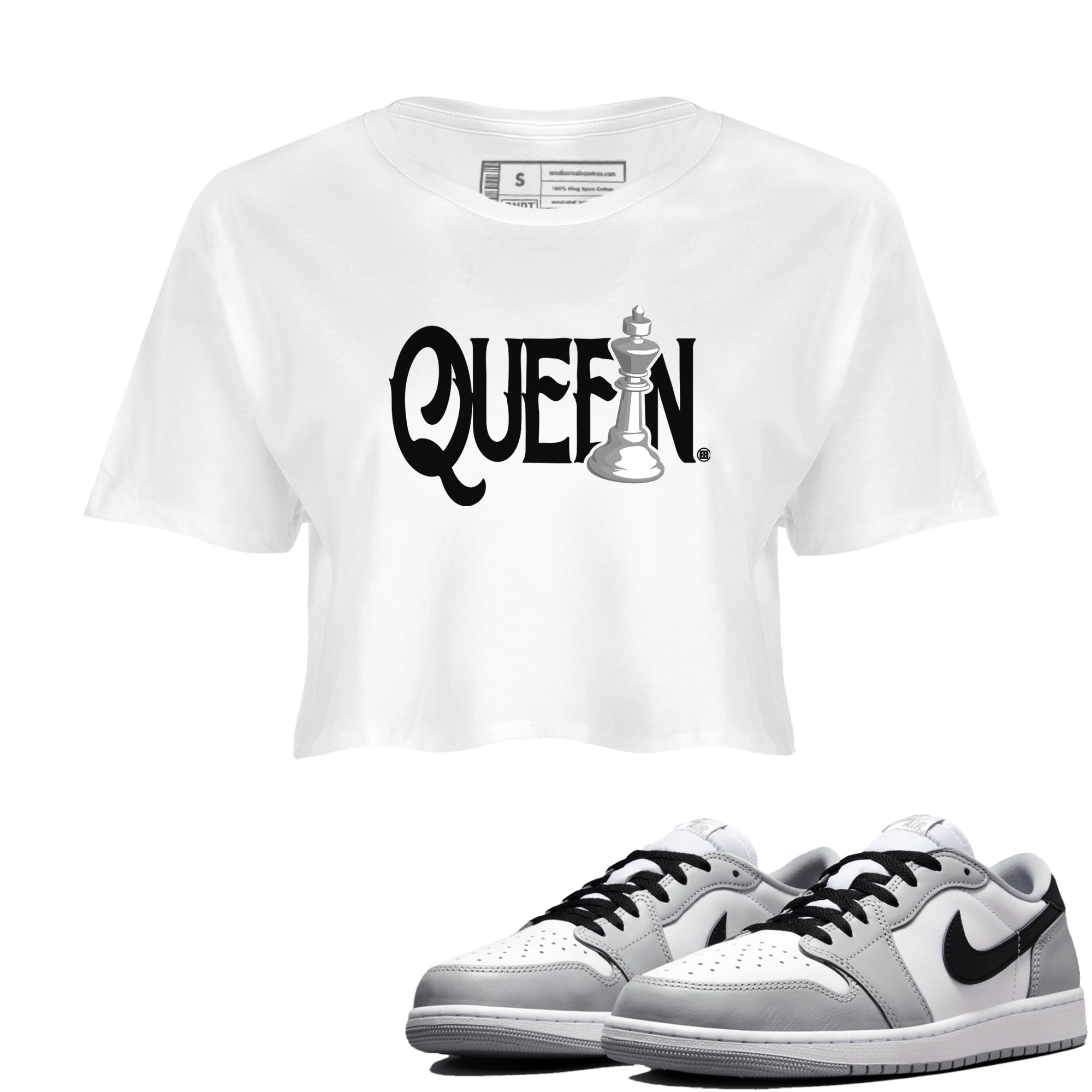 1s Wolf Grey shirts to match jordans Chess Queen sneaker match tees Air Jordan 1 Wolf Grey SNRT Sneaker Tees streetwear brand White 1 crop tee