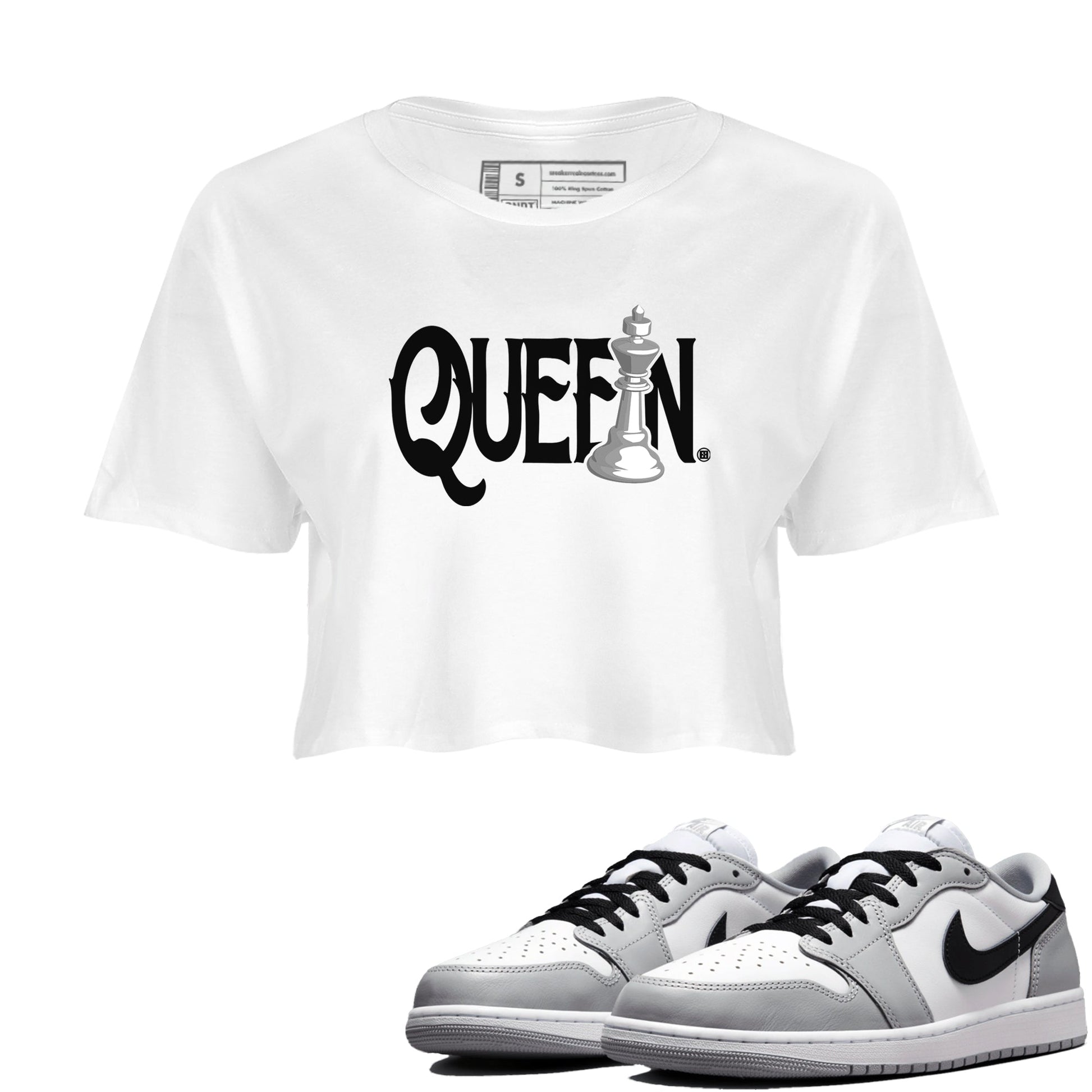 1s Wolf Grey shirts to match jordans Chess Queen sneaker match tees Air Jordan 1 Wolf Grey SNRT Sneaker Tees streetwear brand White 1 crop tee