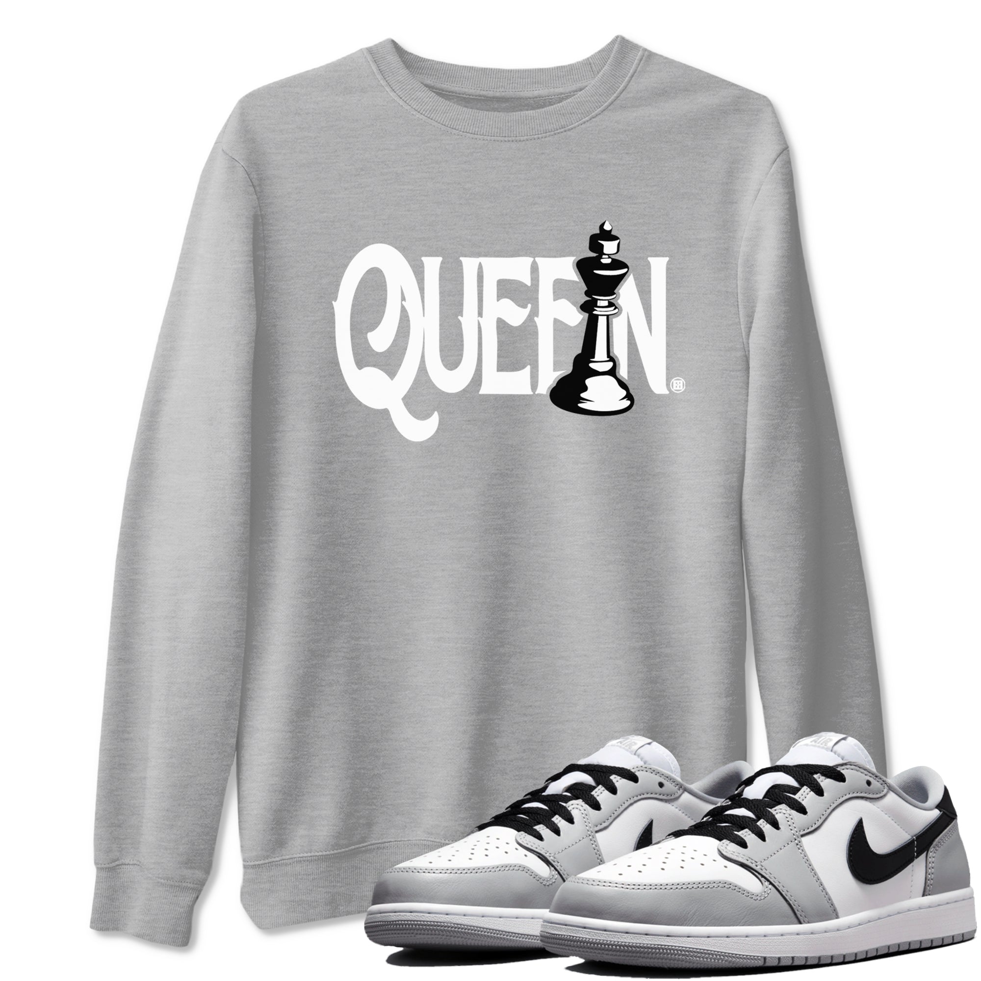 1s Wolf Grey shirts to match jordans Chess Queen sneaker match tees Air Jordan 1 Wolf Grey SNRT Sneaker Tees streetwear brand Heather Grey 1 unisex cotton tee