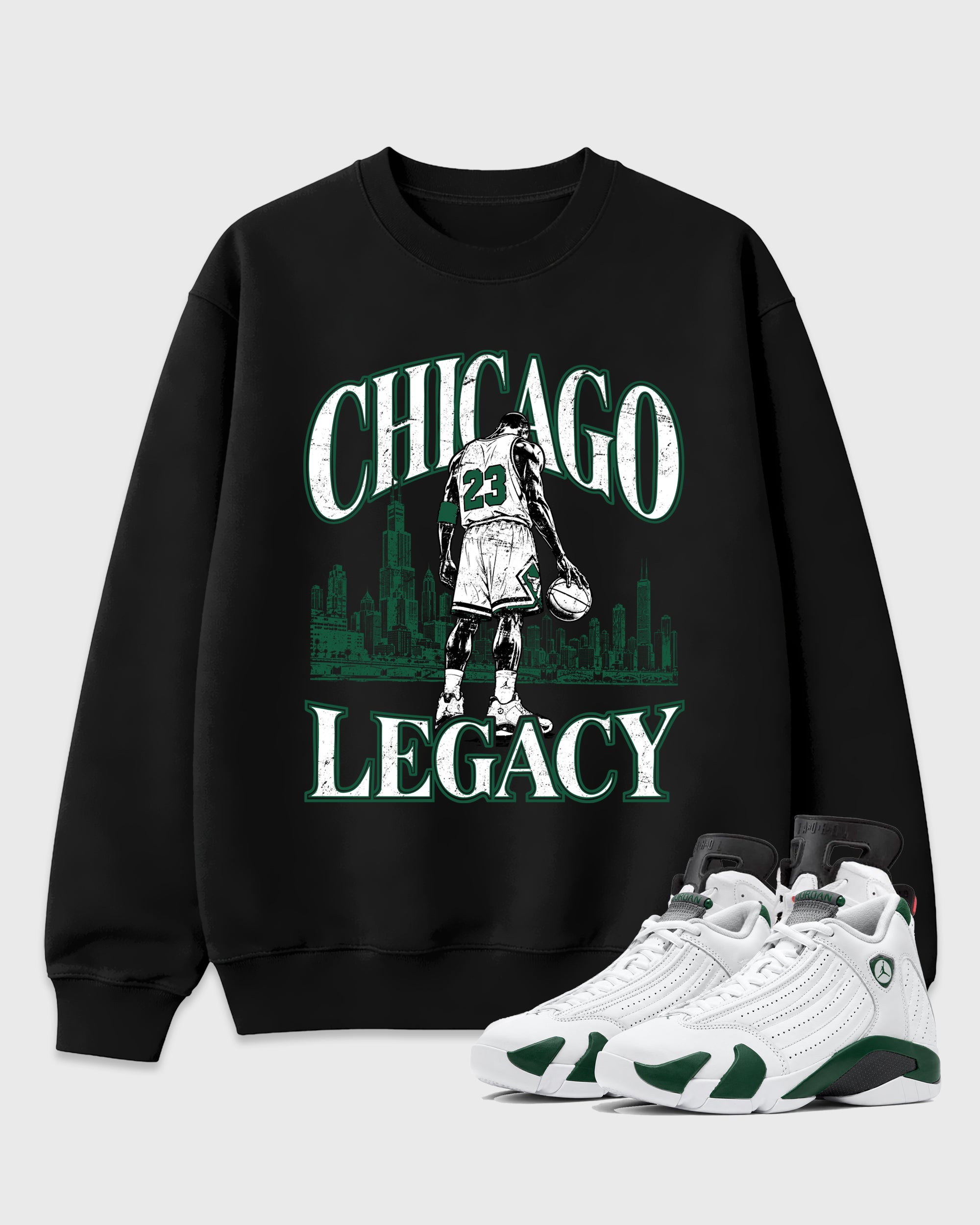 Chicago Legacy Graphic T-Shirt featuring original streetwear artwork designed to match the Air Jordan 14 Forest Green. Black 1 Graphic Tee.