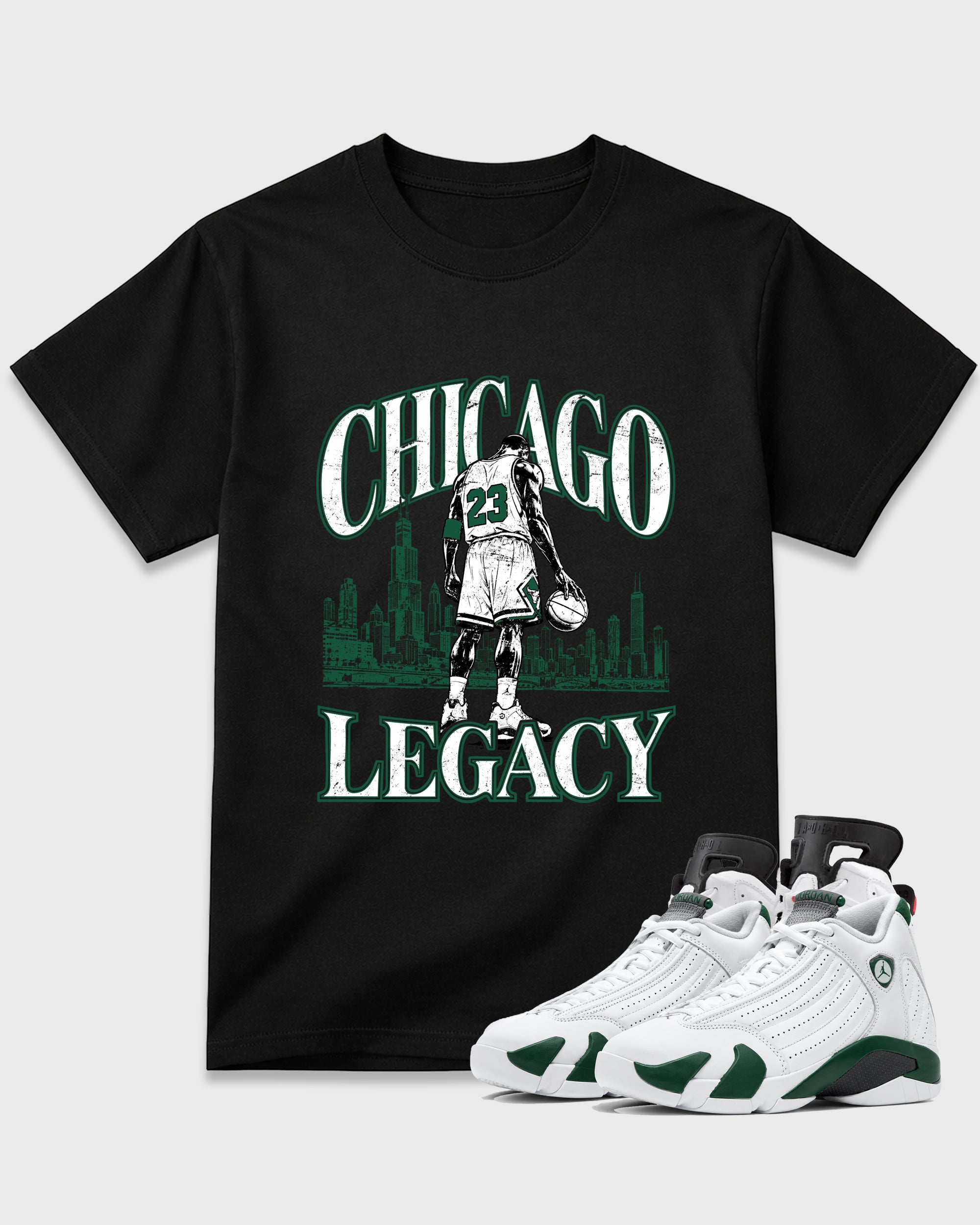 Chicago Legacy Graphic T-Shirt featuring original streetwear artwork designed to match the Air Jordan 14 Forest Green. Black 1 Graphic T-Shirt.