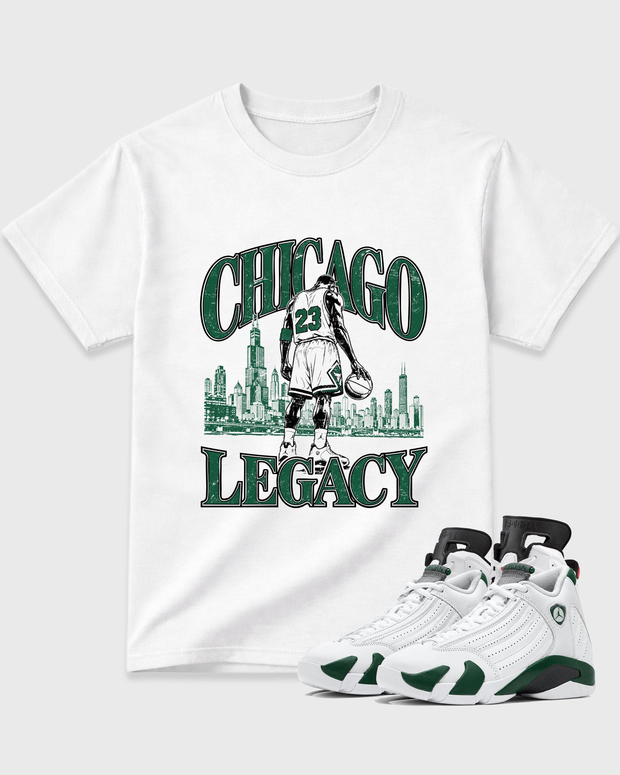 Chicago Legacy Graphic T-Shirt featuring original streetwear artwork designed to match the Air Jordan 14 Forest Green. White 1 Graphic T-Shirt.