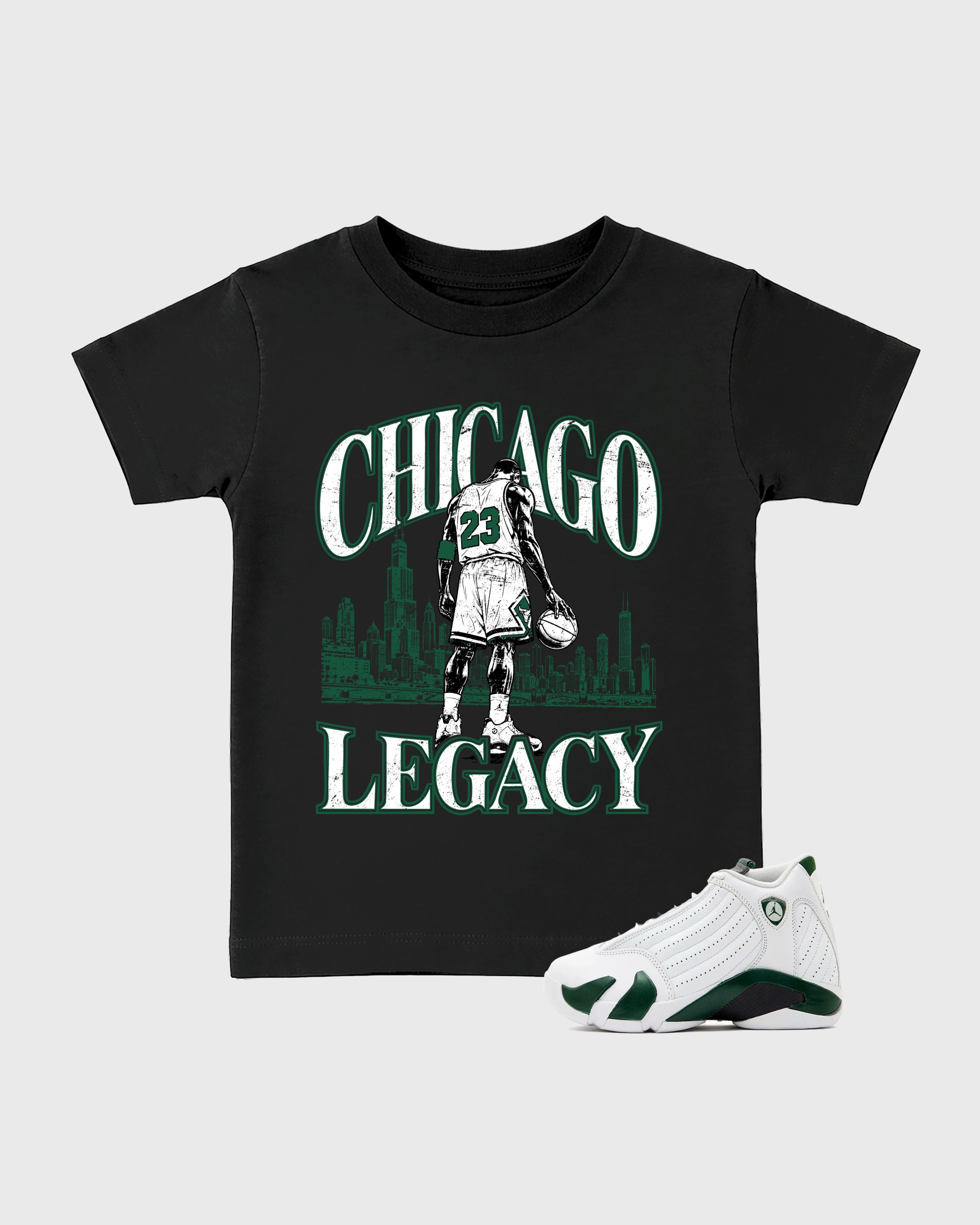 Chicago Legacy Baby & Kids Graphic T-Shirt featuring original artwork designed to match the Air Jordan 14 Forest Green. Black 1 Kids Graphic Tee.