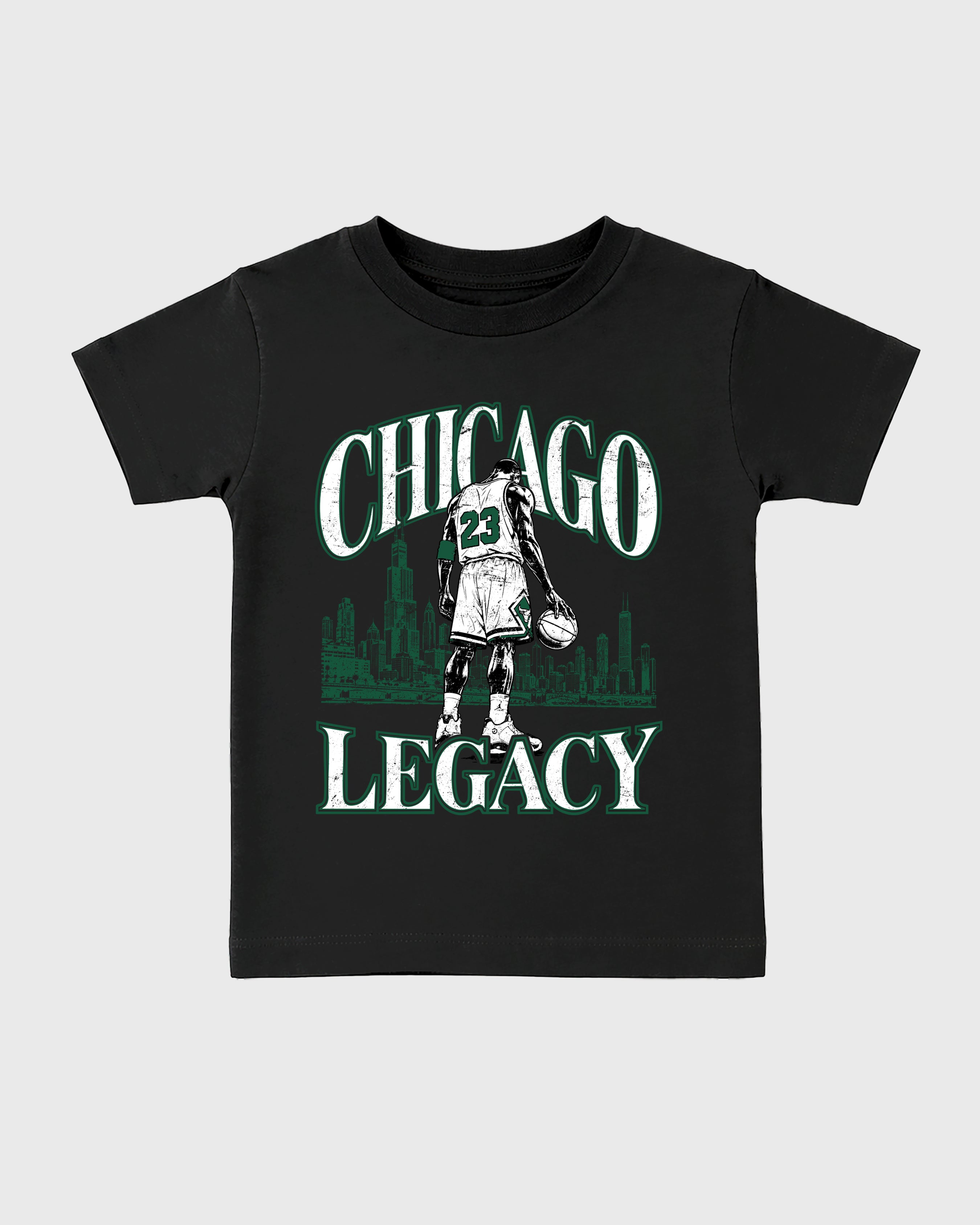Chicago Legacy Baby & Kids Graphic T-Shirt featuring original artwork designed to match the Air Jordan 14 Forest Green. Black 2 Kids Graphic Tee.
