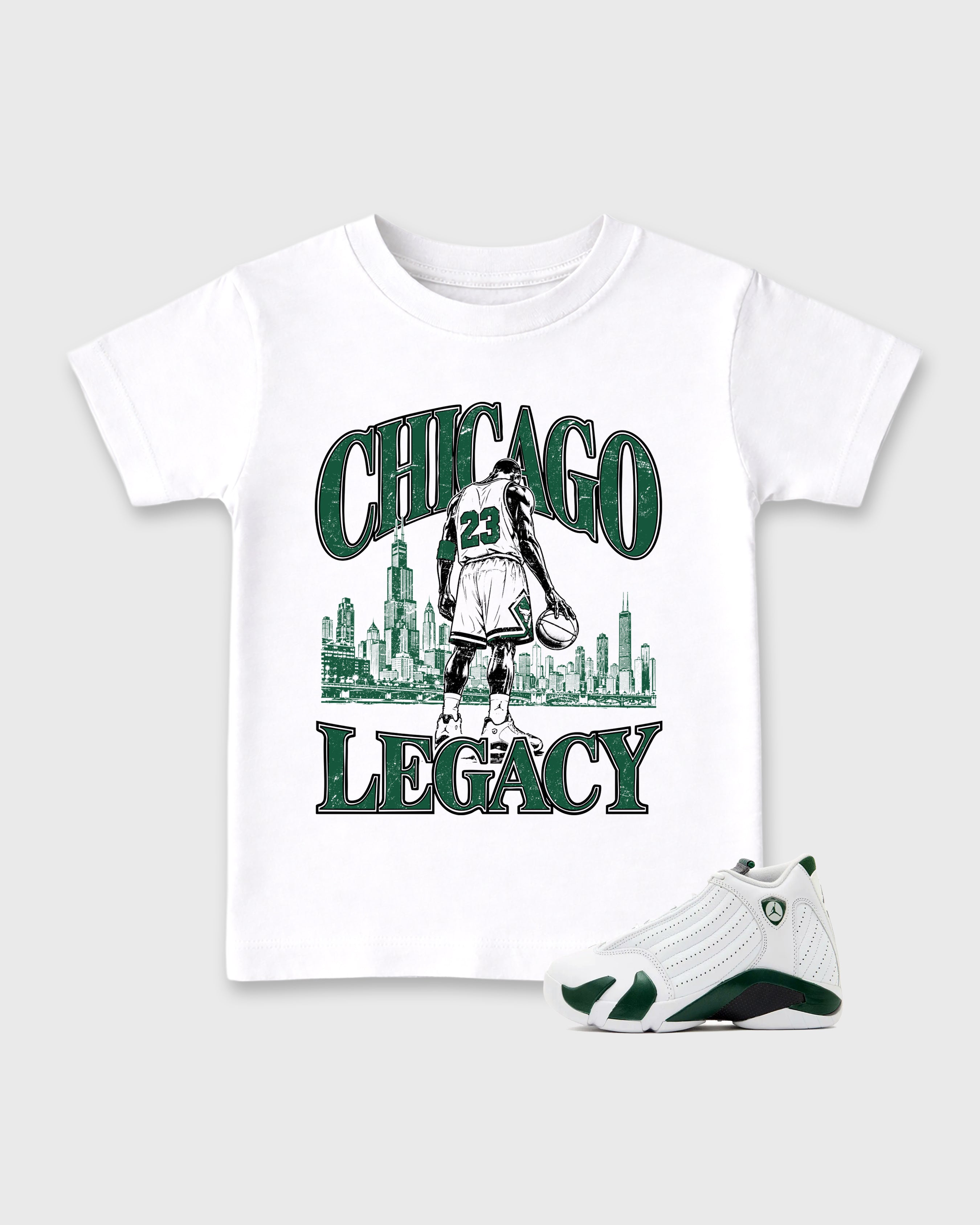 Chicago Legacy Baby & Kids Graphic T-Shirt featuring original artwork designed to match the Air Jordan 14 Forest Green. White 1 Kids Graphic Tee.