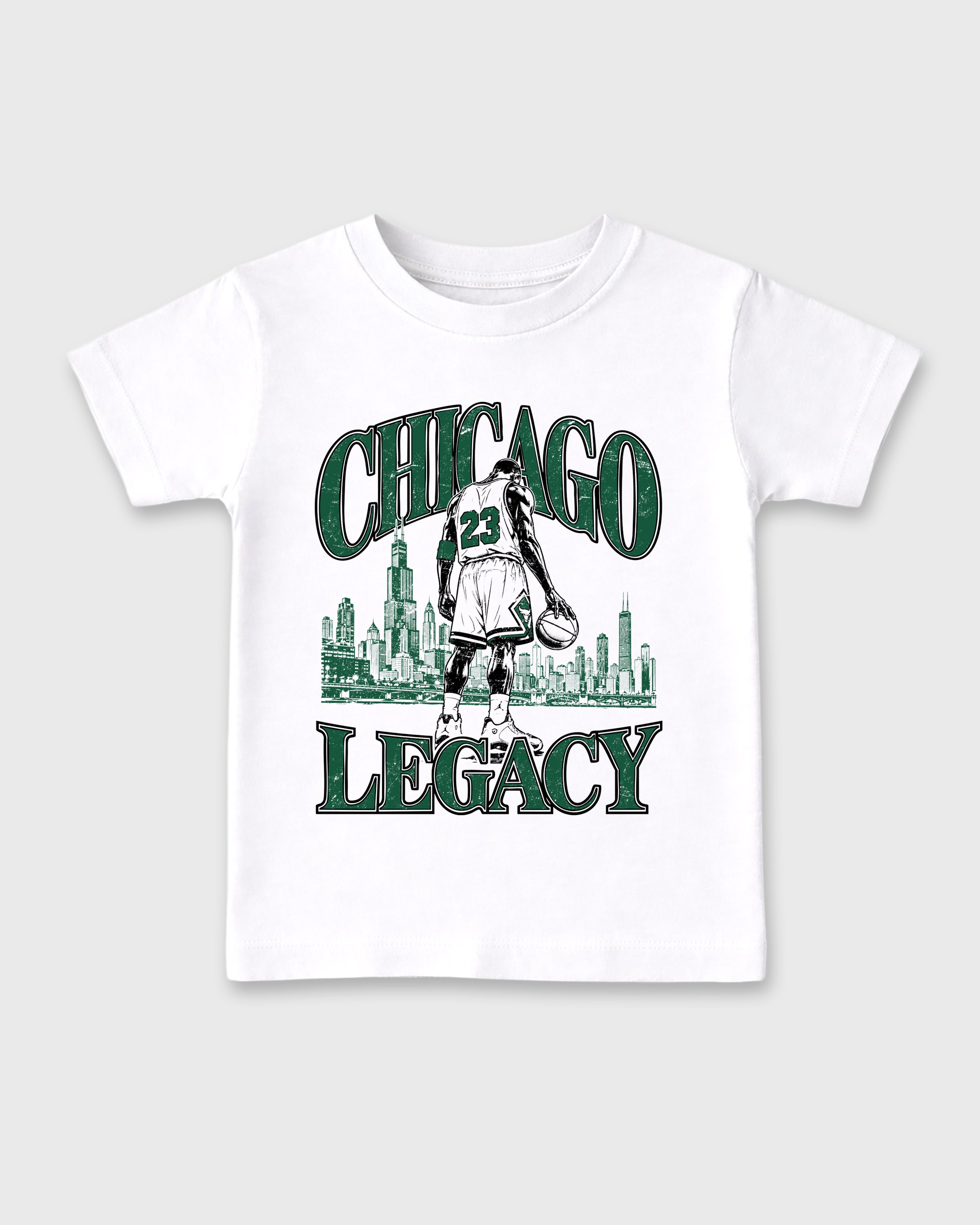 Chicago Legacy Baby & Kids Graphic T-Shirt featuring original artwork designed to match the Air Jordan 14 Forest Green. White 2 Kids Graphic Tee.