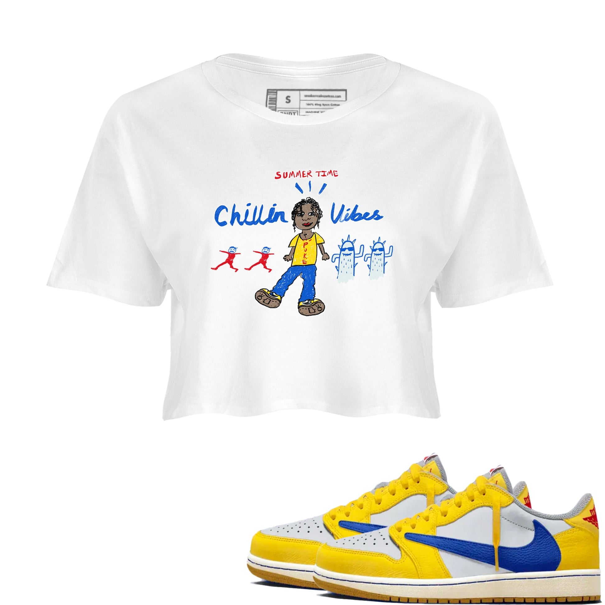 Air Jordan 1 Travis x Scott x Canary shirt to match jordans Chillin Vibes sneaker tees Air Jordan 1 Travis Scott Canary SNRT Sneaker Release Tees White 1 crop length shirt