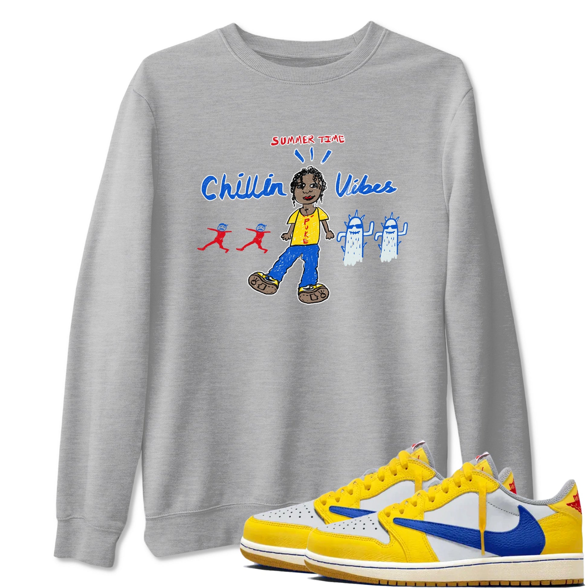 Air Jordan 1 Travis x Scott x Canary shirt to match jordans Chillin Vibes sneaker tees Air Jordan 1 Travis Scott Canary SNRT Sneaker Release Tees unisex cotton Heather Grey 1 crew neck shirt
