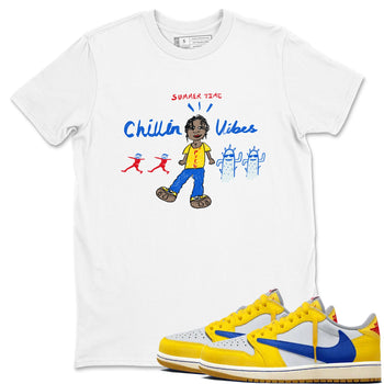 Air Jordan 1 Travis x Scott x Canary shirt to match jordans Chillin Vibes sneaker tees Air Jordan 1 Travis Scott Canary SNRT Sneaker Release Tees unisex cotton White 1 crew neck shirt