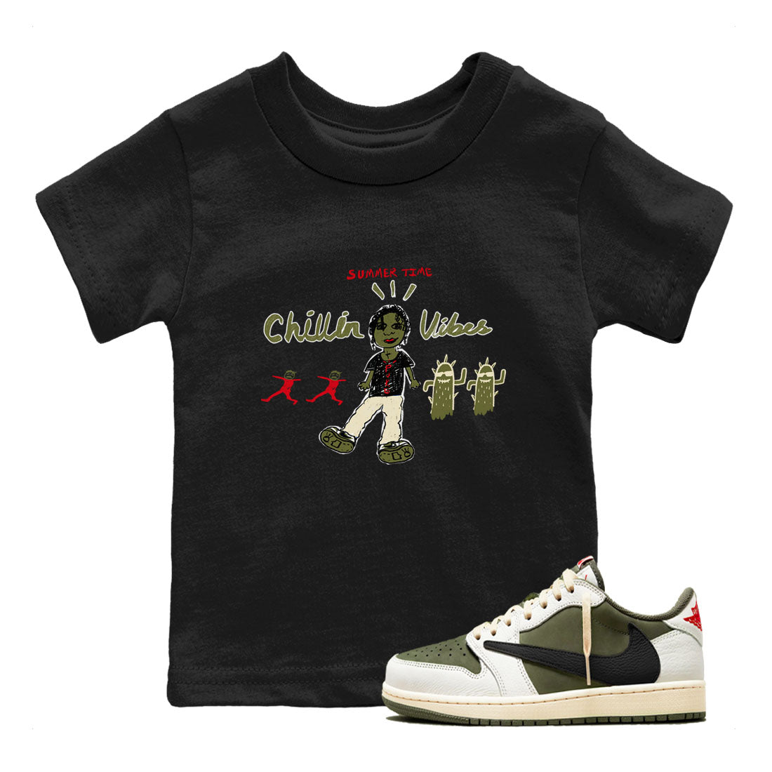 1s Travis Scott Medium Olive shirts to match jordans Chillin Vibes sneaker match tees Air Jordan 1 Travis Scott Medium Olive SNRT Sneaker Release Tees Youth Baby Black 1 crew neck shirts