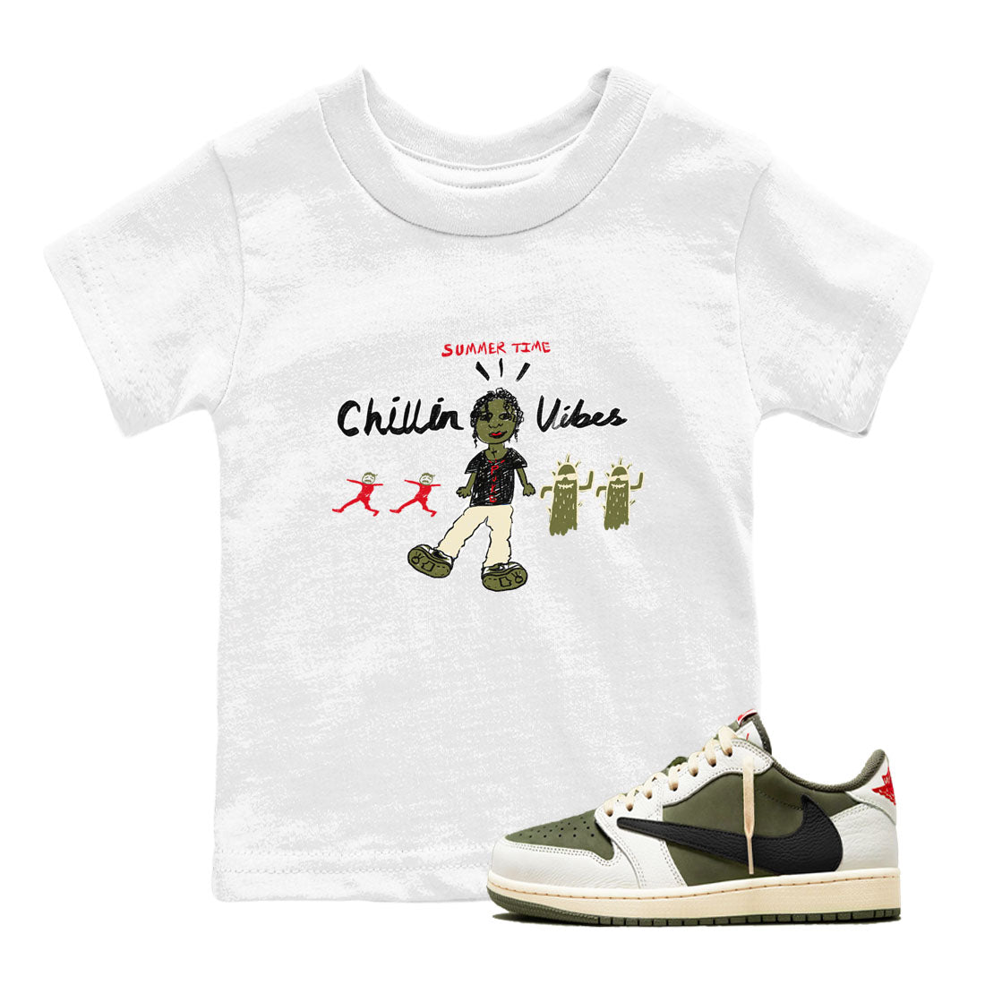 1s Travis Scott Medium Olive shirts to match jordans Chillin Vibes sneaker match tees Air Jordan 1 Travis Scott Medium Olive SNRT Sneaker Release Tees Youth Baby White 1 crew neck shirts